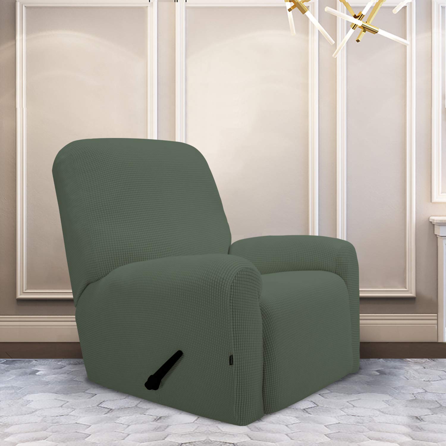 PureFit Stretch Recliner Sofa Slipcover with Pocket - Spandex Jacquard Non-Slip Sofa Cover, Washable Furniture Protector with Elastic Bottom for Kids & Pets (Recliner, Greyish Green) - Perfect for Living Room, Family Room & Home Theater Seating Protection