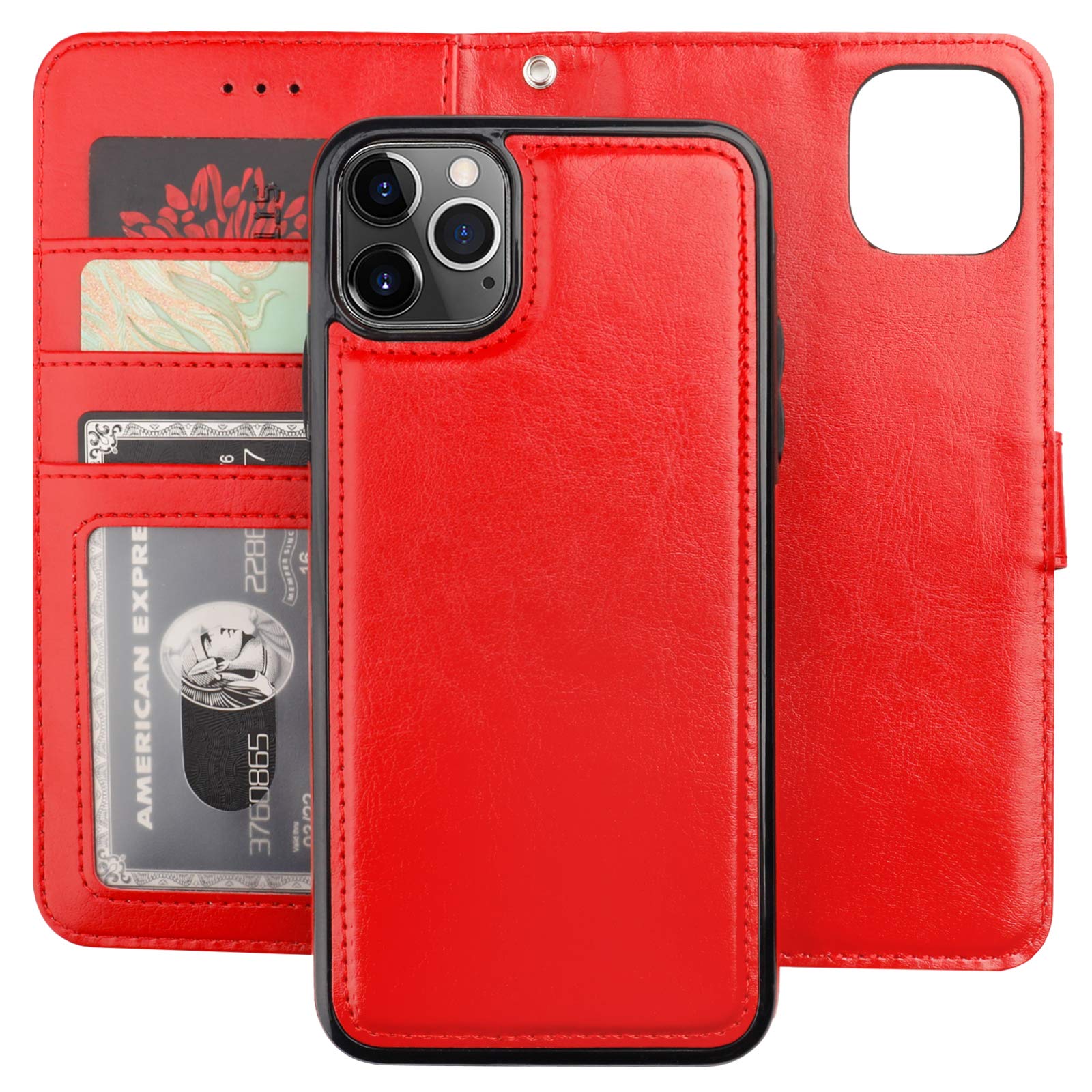Premium PU Leather Magnetic Detachable Wallet Case for iPhone 11 Pro Max (6.5 inch) - Shockproof Flip Cover with Card Holder, Kickstand & Wrist Strap | Perfect for Work, Travel & Everyday Use (Red)