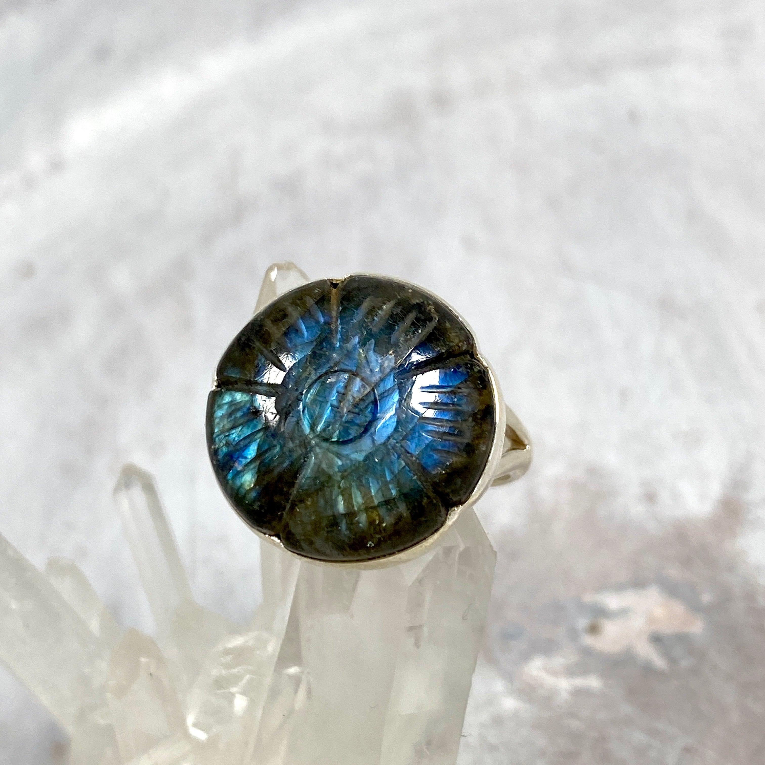 Labradorite Flower Cabochon Ring with Split Band - Sterling Silver Gemstone Jewelry for Women - Perfect for Boho Style, Gift Giving & Special Occasions