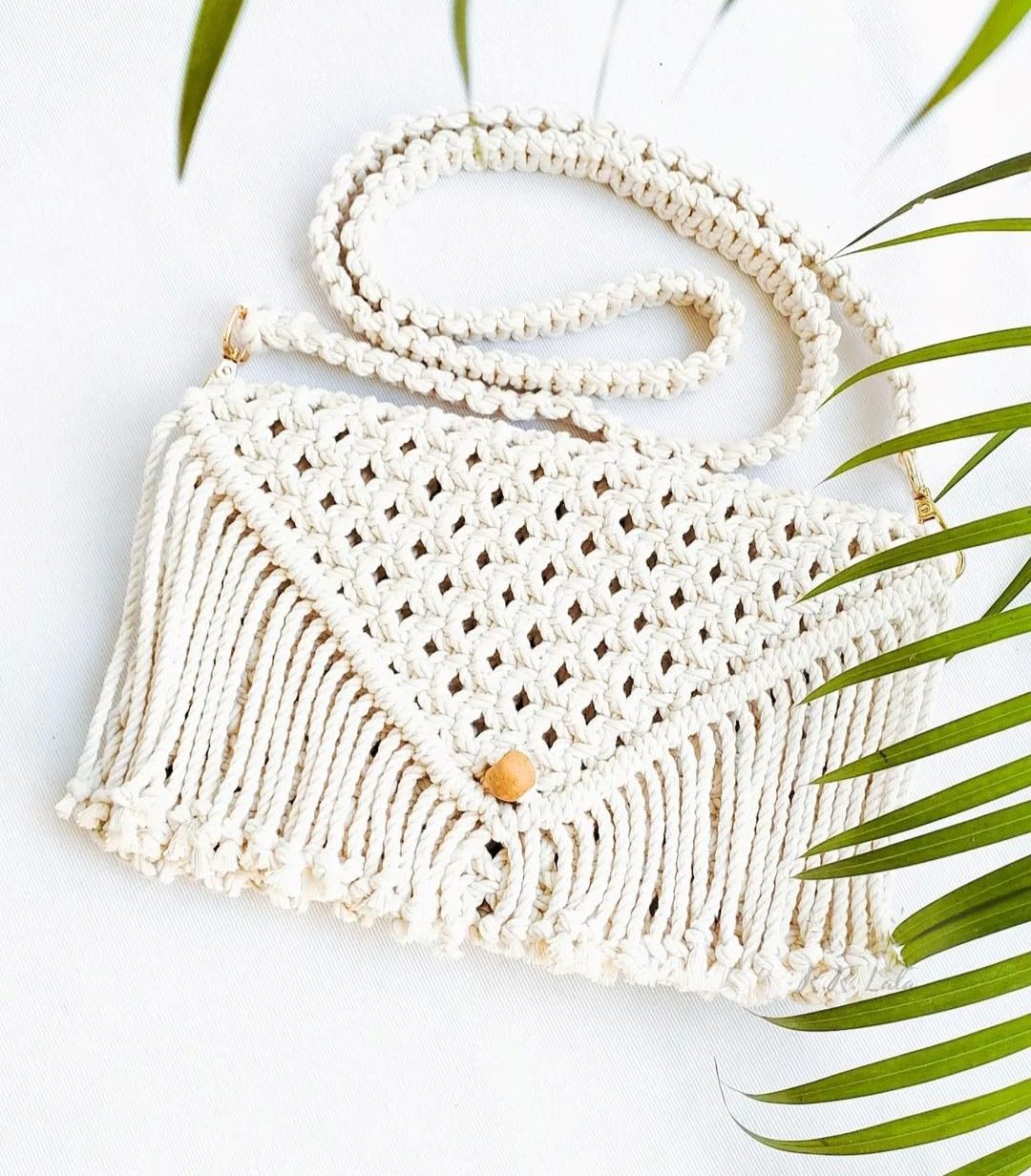 R.R.LALA Women's Macrame Clutch Bag with Sling - Crossbody Boho Purse, Handmade Off White Shoulder Bag (10x7 Inch) for Beach, Wedding & Festival Outfits