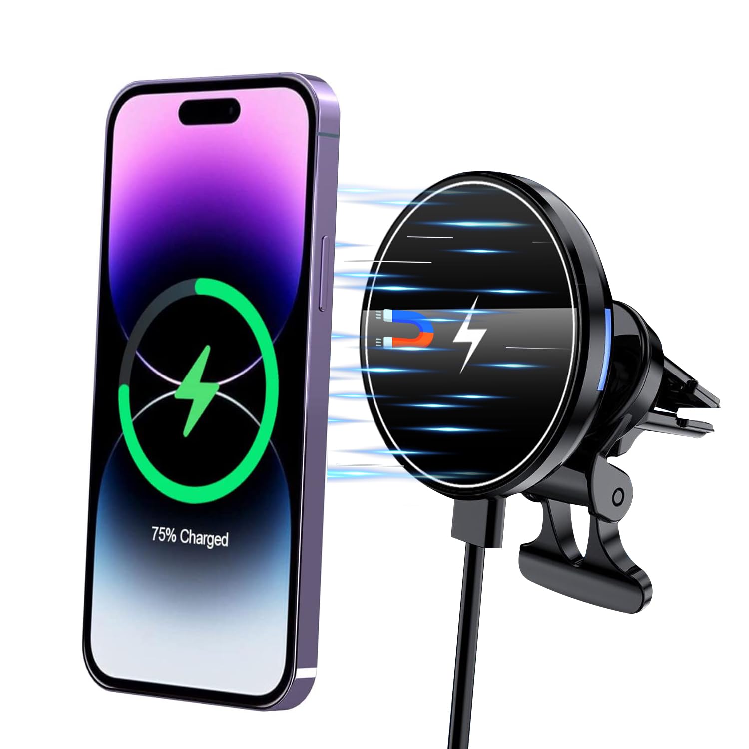 Magnetic Wireless Car Charger Mount - 15W Fast Charging Air Vent Phone Holder for iPhone 14/13/12 Pro Max/Plus/Mini with MagSafe Case | Strong Magnets | Perfect for Commuting, Road Trips & Hands-Free Driving