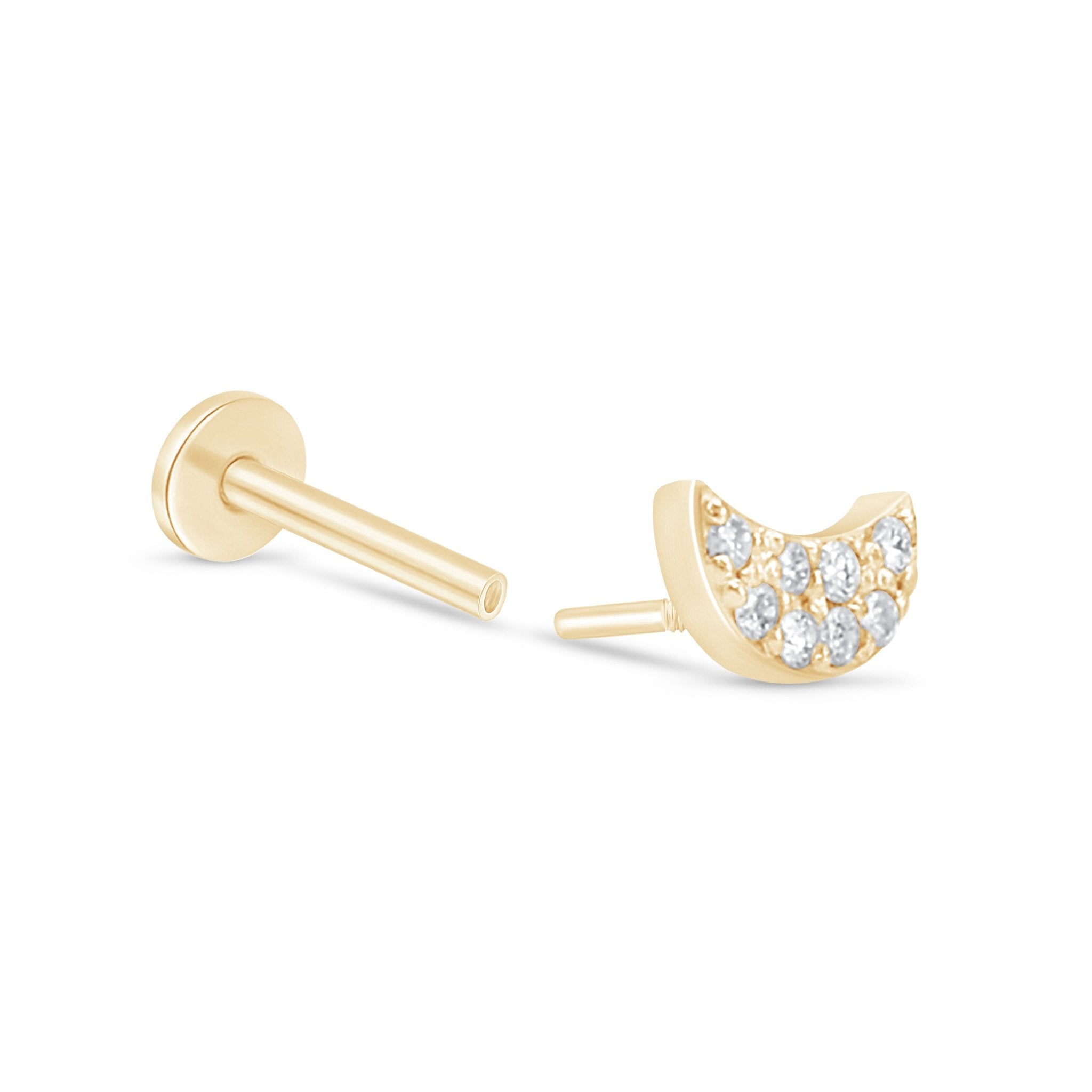 14K Yellow Gold Diamond Pavé Crescent Moon Flat Back Stud Earrings for Women - Perfect for Everyday Wear, Gifts & Special Occasions