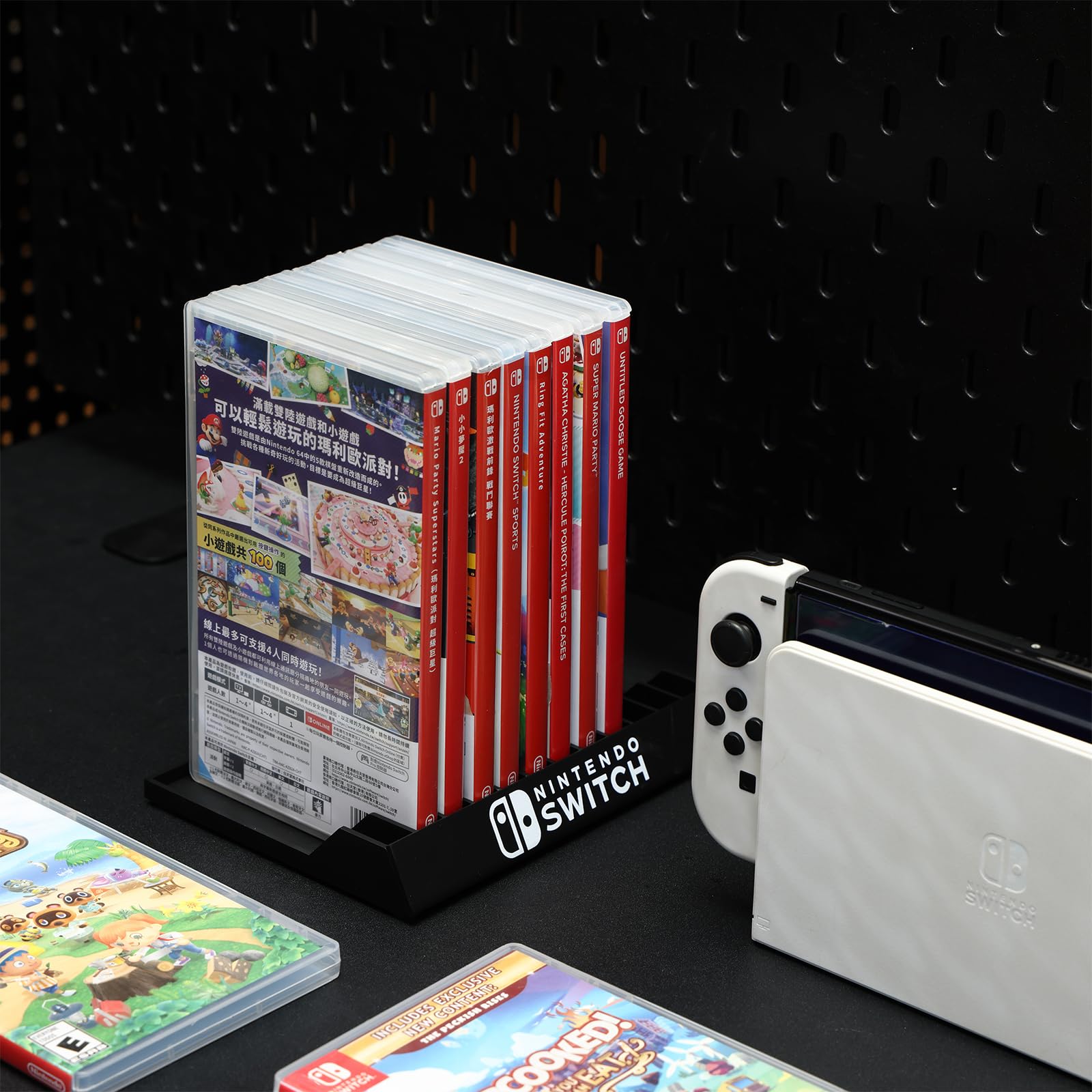 Nintendo Switch Game Holder - 12-Slot Game Case Organizer with Stand & Brackets for Switch Games, Cards, and Disks - Black - Perfect for Gaming Setup and Storage Organization