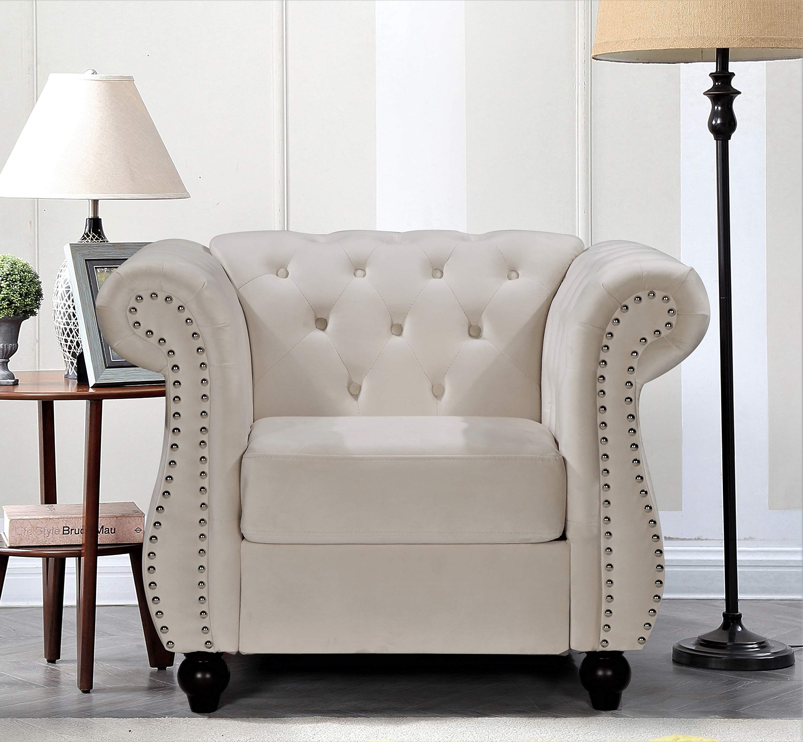 Modern Velvet Chesterfield Sofa & Chair Set with Nailhead Trim & Diamond Tufting - Durable Metal Frame Living Room Furniture in White Ivory - Perfect for Home Office, Lounge & Formal Sitting Areas