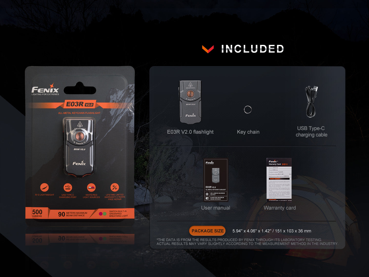 Fenix E03R V2 Ultra-Bright 300 Lumen Rechargeable Keychain Flashlight - Perfect for Camping, Hiking, and Emergency Use