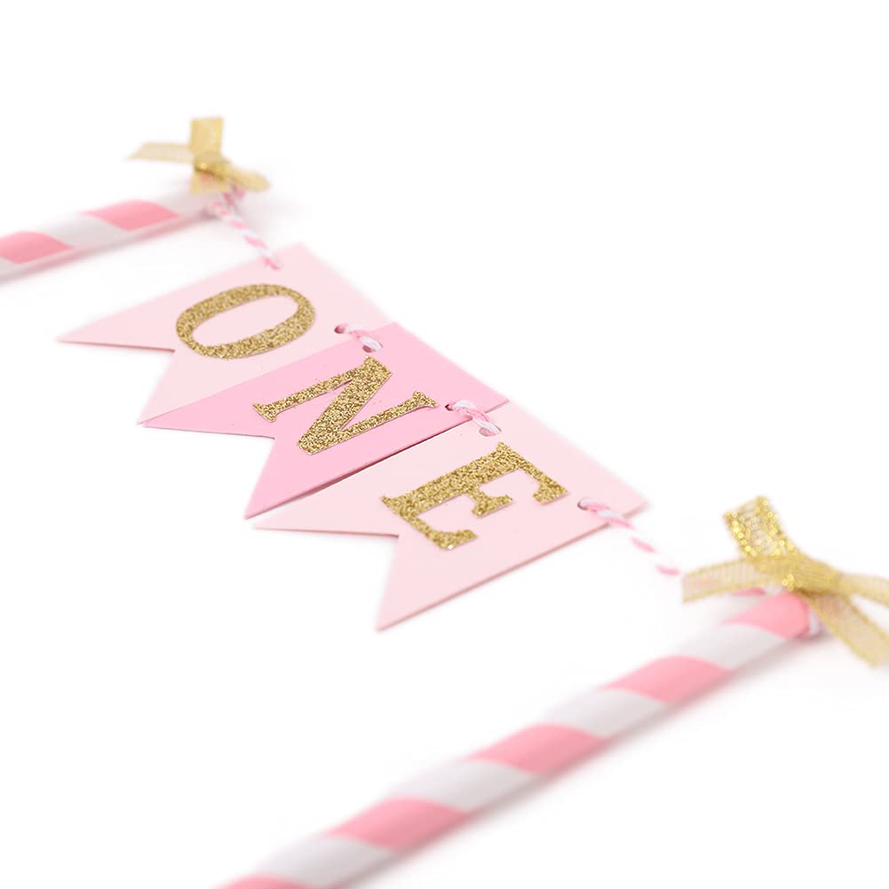 Pink and Gold 1st Birthday Cake Topper for Baby Girls - First Birthday Party Decorations, Cake Smash Banner, Paper Straw Cake Decor - Perfect for 1 Year Old Birthday Cakes, Baby Showers, and Photo Backdrops