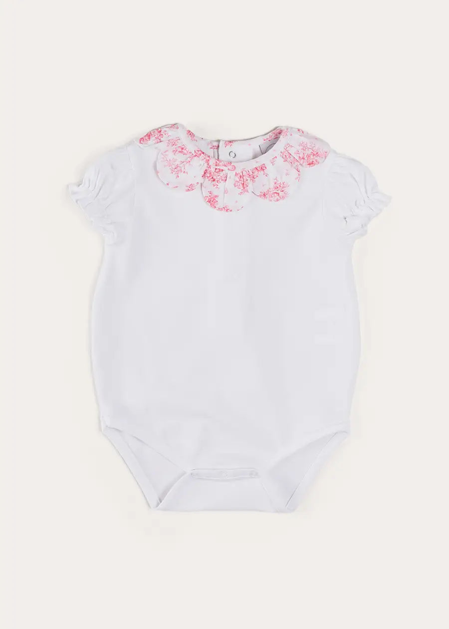 Audrey Toile Scallop Collar Short Sleeve Bodysuit for Baby Girls 1-24 Months - Pink Floral Romper for Newborn Infant & Toddler - Perfect for Photoshoots, Parties & Everyday Wear