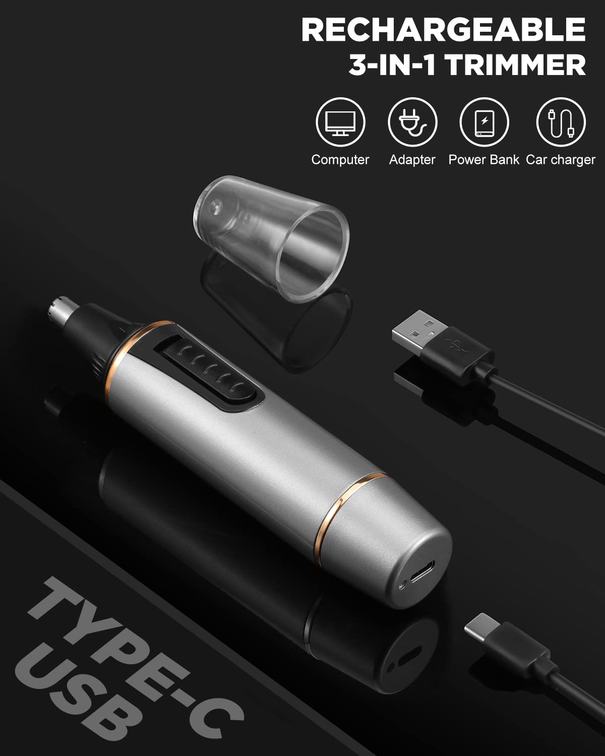 2024 Rechargeable Painless Nose Hair Trimmer for Men - Professional Dual Edge Blades with IPX7 Waterproof, Powerful Motor & Easy Cleaning (Grey Gold) - Perfect for Travel, Grooming Kits & Personal Care