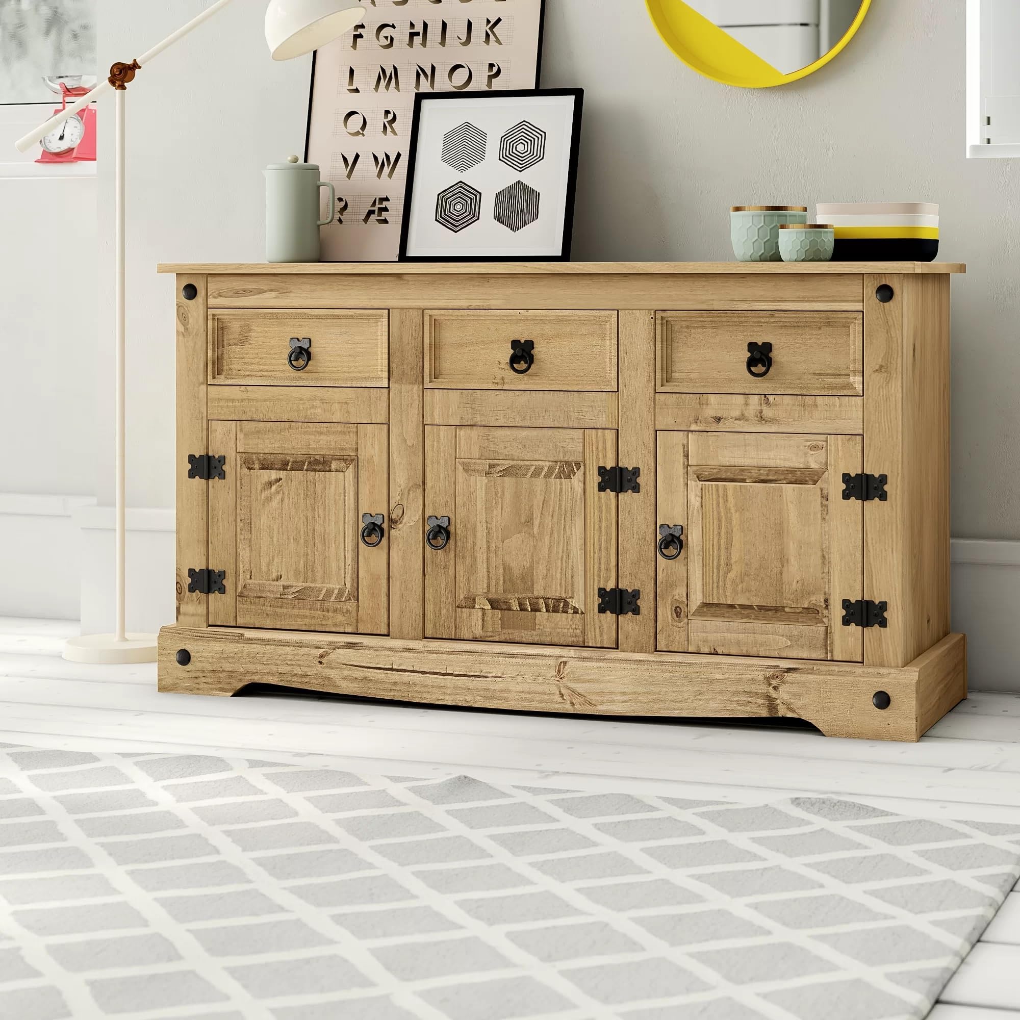 Corona 3-Drawer 3-Door Sideboard - Mexican Style Solid Pine Wood Buffet Cabinet - Perfect for Dining Room Storage & Living Room Decor