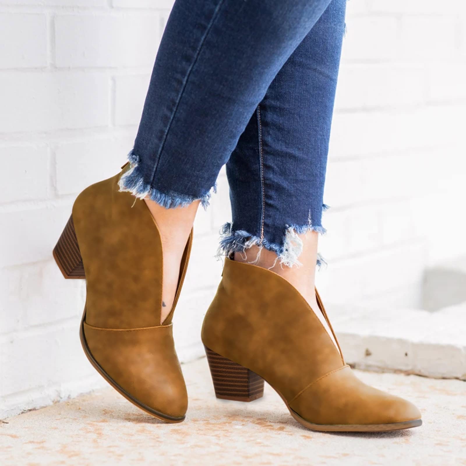 Naescisti Women's Leather Short Boots - Retro Chunky Heel Ankle Boots with Zipper for Casual Outfits & Fall Fashion
