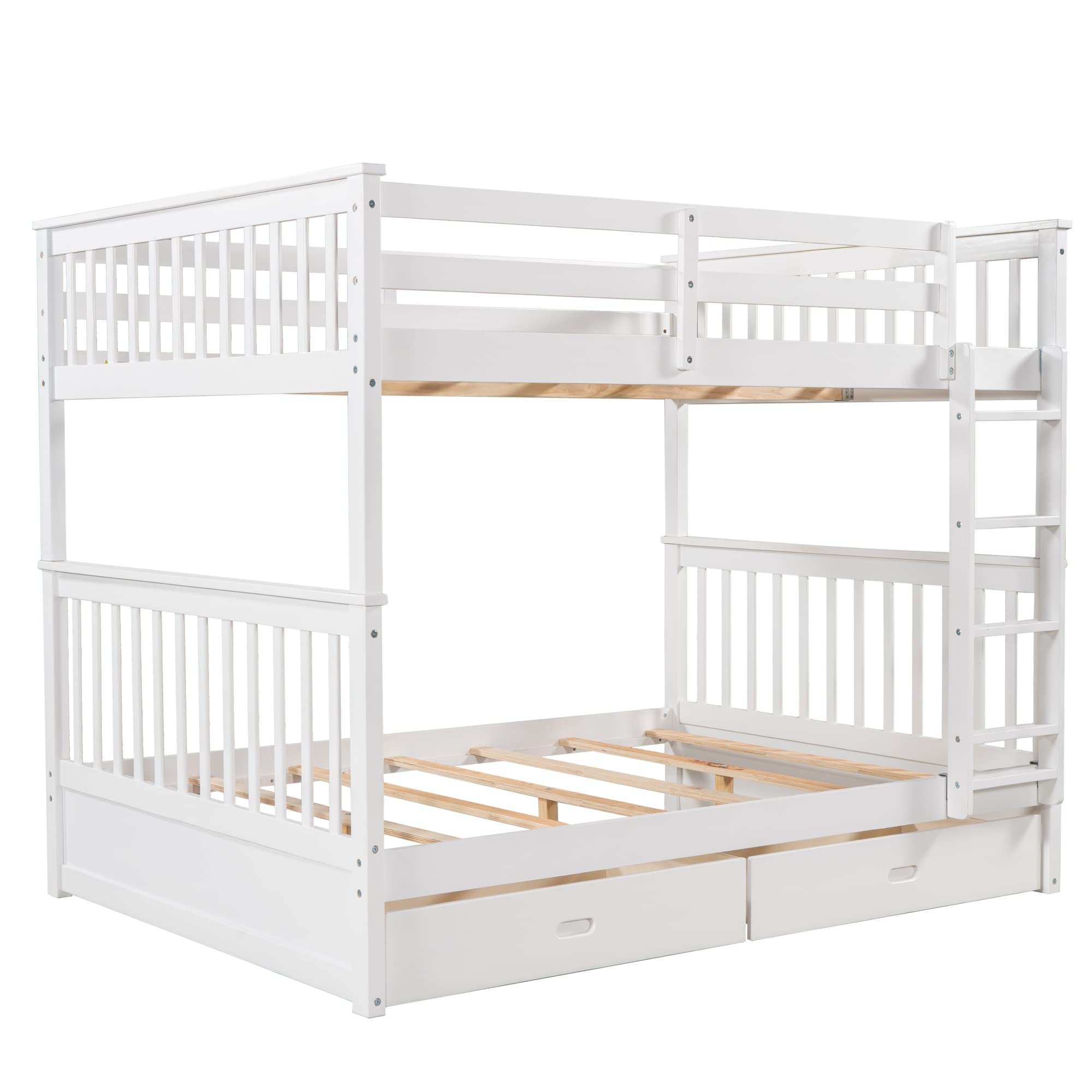 Harper & Bright Designs Full Over Full Bunk Bed with Storage Drawers - Solid Wood Bunk Bed Frame with Ladders & 2 Drawers - Space Saving Kids Bedroom Furniture (White) - Perfect for Small Rooms, Shared Kids Bedrooms & Guest Rooms