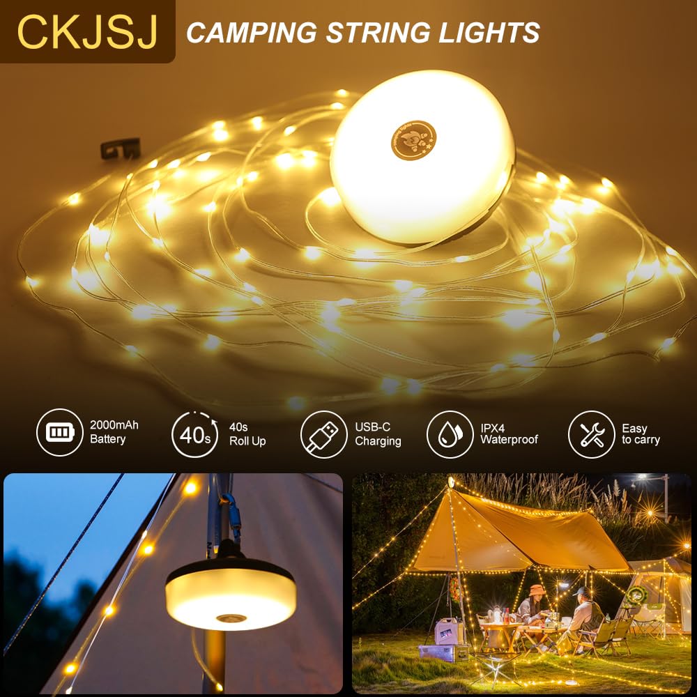 2 Pack 32.8ft Waterproof Camping String Lights - 4-in-1 Outdoor Fairy Lights with 8 Lighting Modes, USB Rechargeable & Battery Indicator, Durable for Camping, Backyard, Hiking, Patio & Garden Decor - Portable & Easy to Store