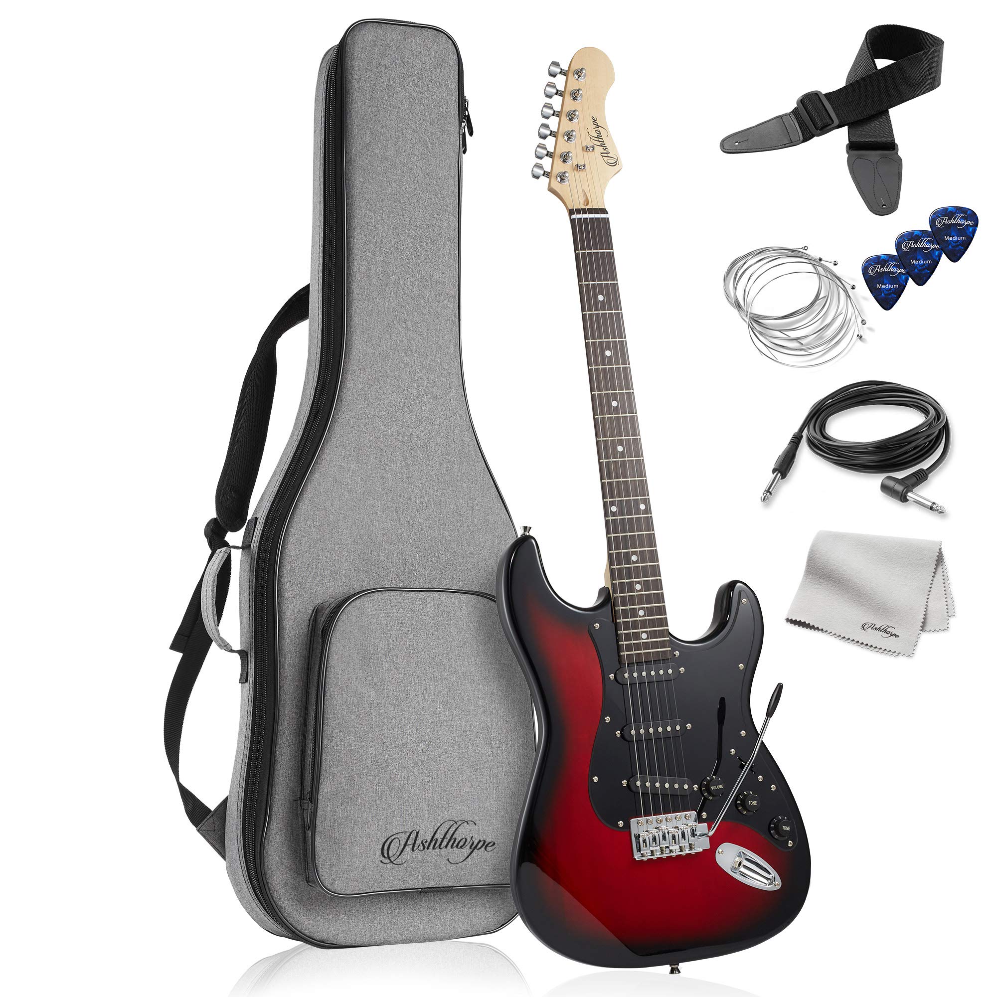 Ashthorpe 39-Inch Full Size Electric Guitar Kit - Red-Black Finish with Padded Gig Bag, Tremolo Bar, Strap, Strings, Cable & Accessories | Perfect for Beginners, Live Performances & Home Practice