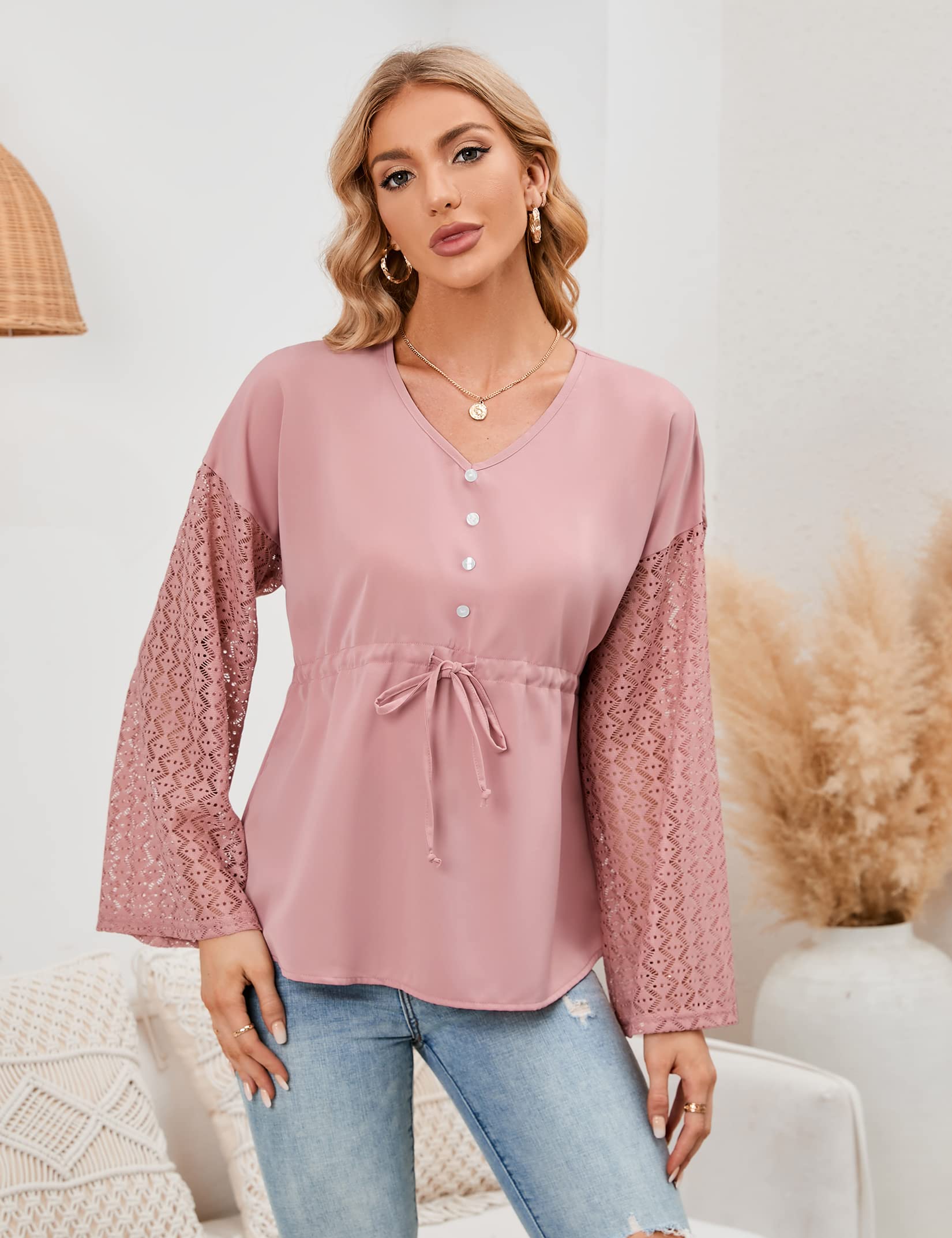KOJOOIN Women's Lace Long Sleeve Blouse - V Neck Ruched Tunic Top with Puff Sleeves for Business Casual & Office Wear | Loose Fit Comfortable Shirt for Work, Date Night & Special Occasions