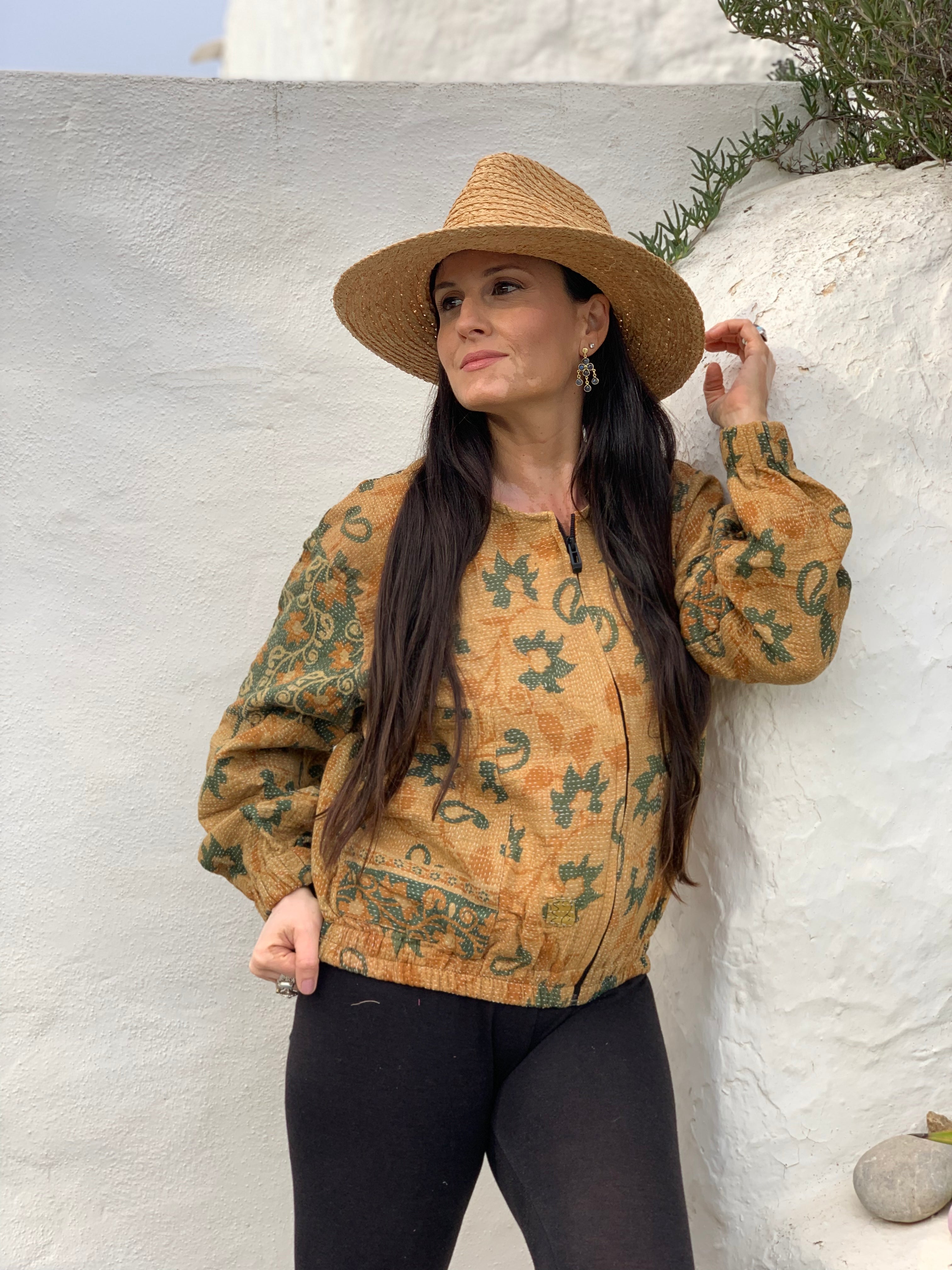 Vintage Cotton Kantha Bomber Jacket for Women - Boho Chic Outerwear for Fall & Winter, Casual Streetwear, Travel & Layering