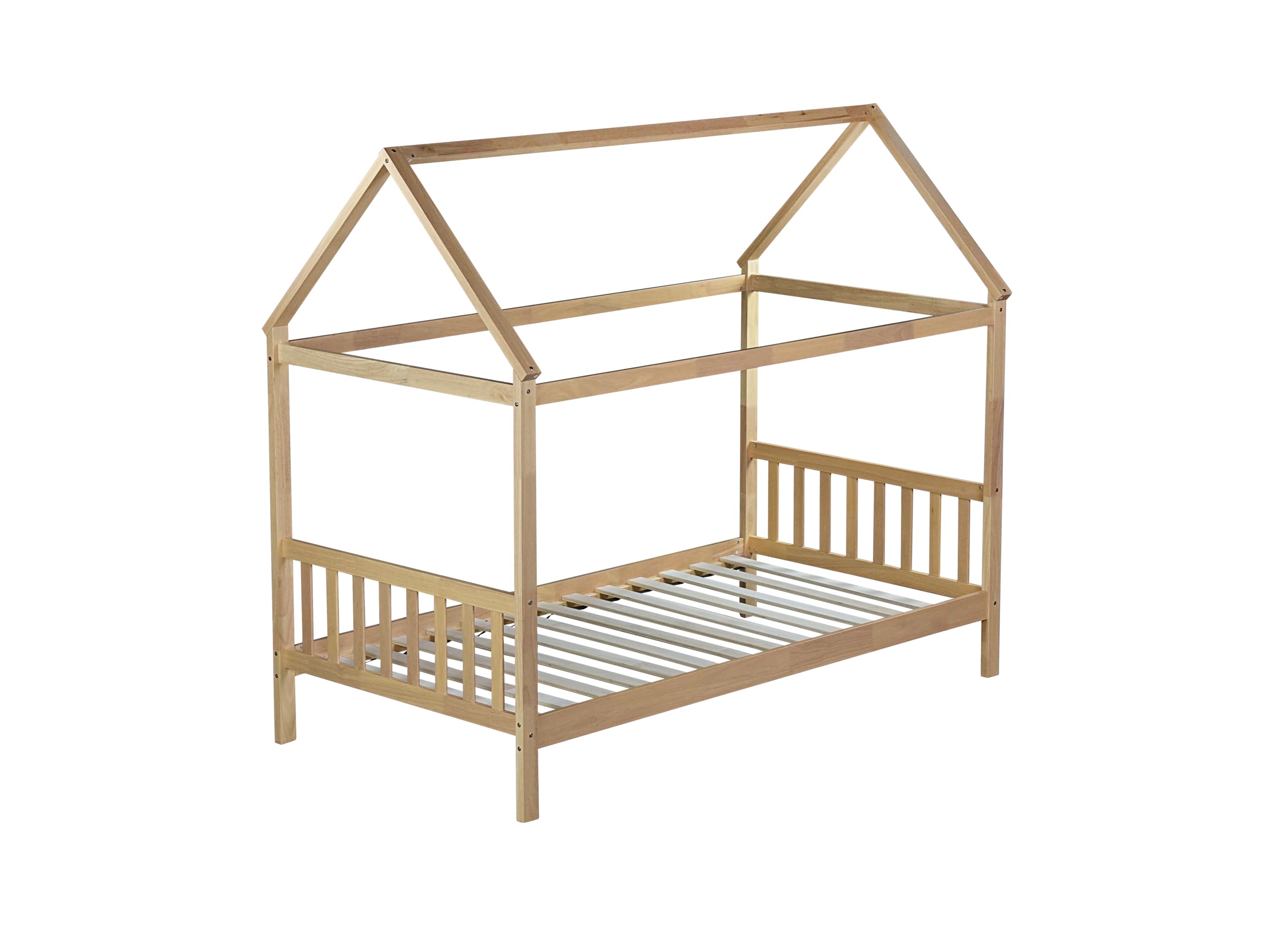 Montessori Twin Size House Bed for Kids - Solid Rubber Wood Platform Bed with Headboard, Footboard & Roof - Low Profile Bed Frame for Girls, Boys & Teens - Natural Wood Finish - Perfect for Bedrooms, Playrooms & Montessori Learning Spaces