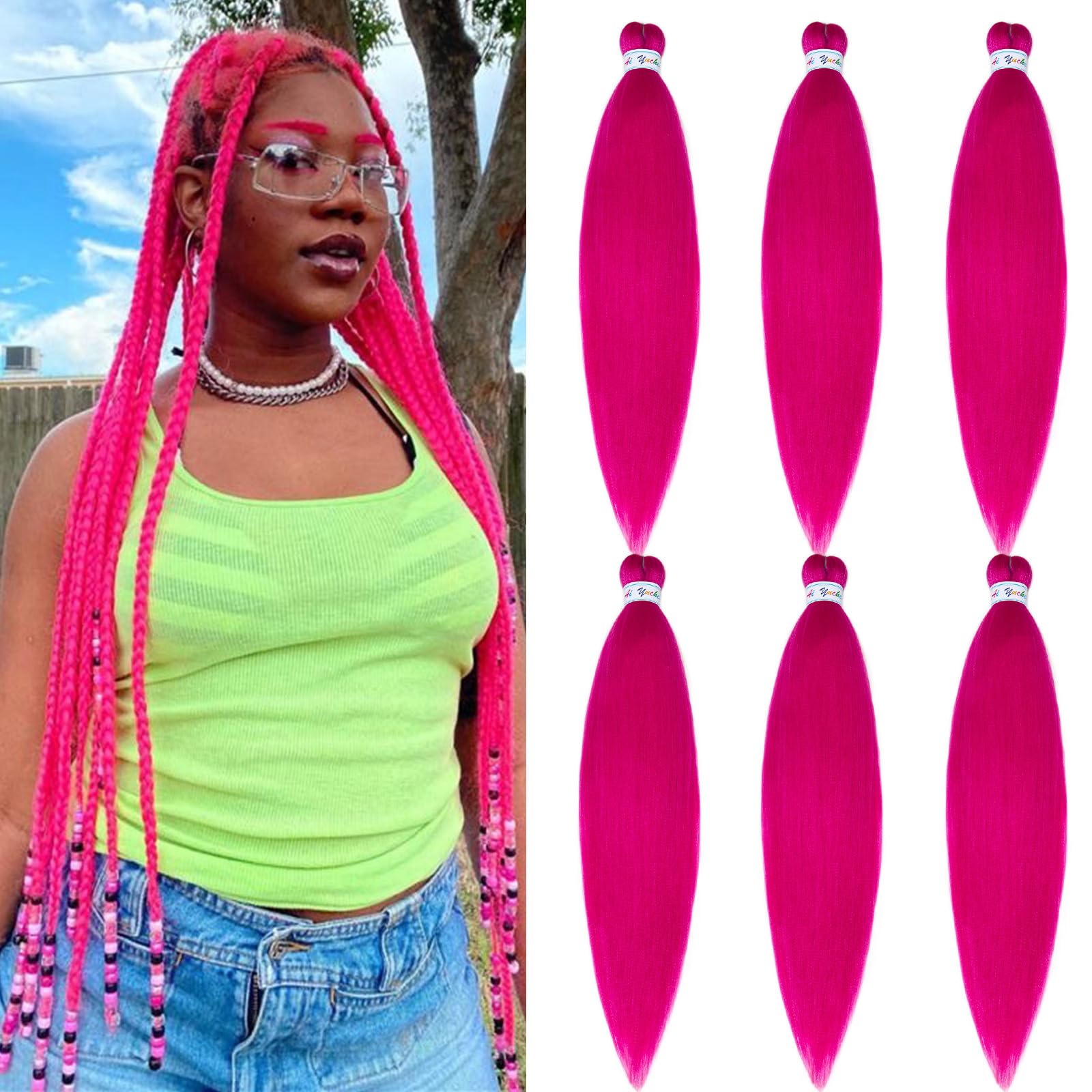 Hot Pink Pre-Stretched Braiding Hair 26 Inch - 6 Packs, Natural Look Like Human Hair for Micro Box Braids & Hair Extensions | Perfect for Magenta Red Colored Hairstyles, Cosplay, and Protective Styling