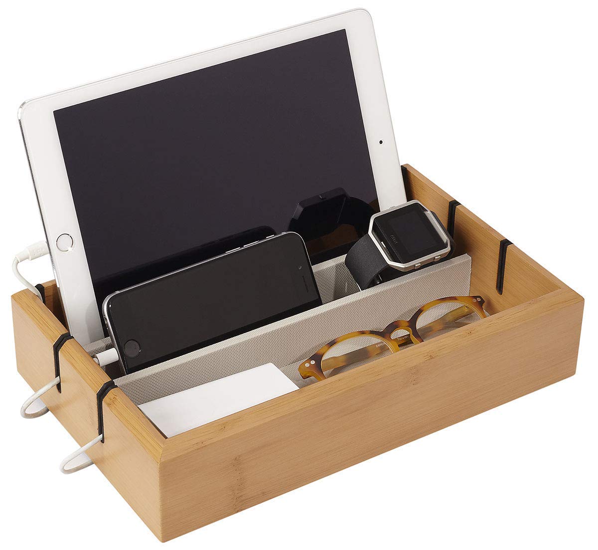 Premium Bamboo Wood Eyeglass & Sunglasses Organizer with Tech Tray - Luxury Lacquered Wood Storage Box for Glasses, Smartphones & Watches | Perfect for Home, Office & Travel Organization