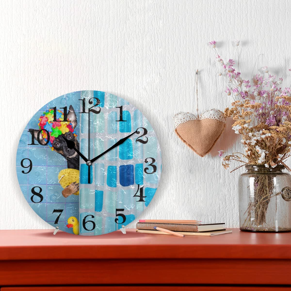 J JOYSAY 9.8 Inch Silent Non-Ticking Rustic Dog Wall Clock - Battery Operated Decorative Clock for Bathroom, Kitchen, Bedroom, Home Office & Shower - Perfect for Home Decor, Gifts & Farmhouse Style Interiors