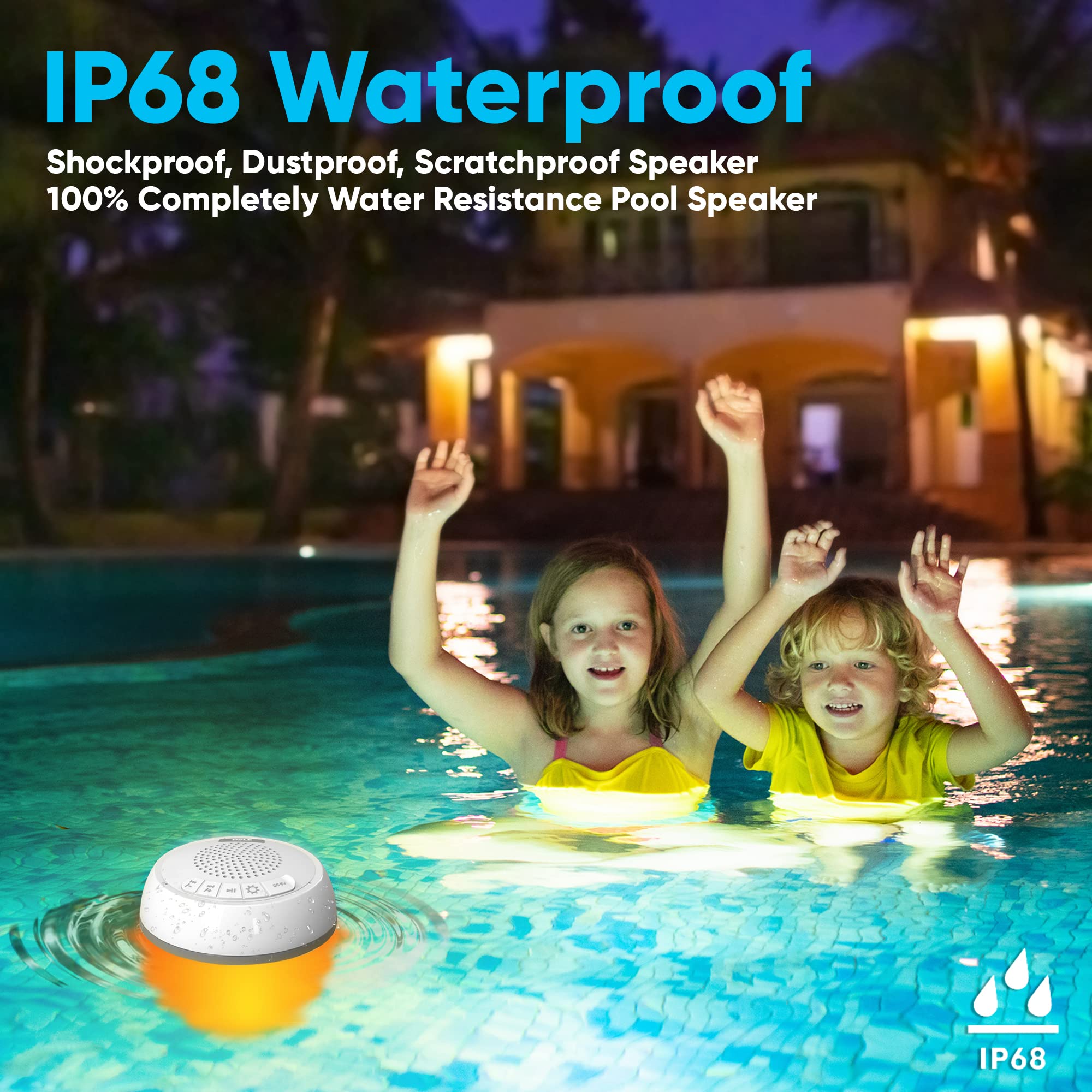 PyleUsa IP68 Waterproof Floating Bluetooth Speaker with LED Lights, Portable Wireless Pool Speaker with Stereo Surround Sound, USB Rechargeable, 50 ft Range, Perfect for Pool, Beach, Shower, Hot Tub, Travel, and Outdoor Parties