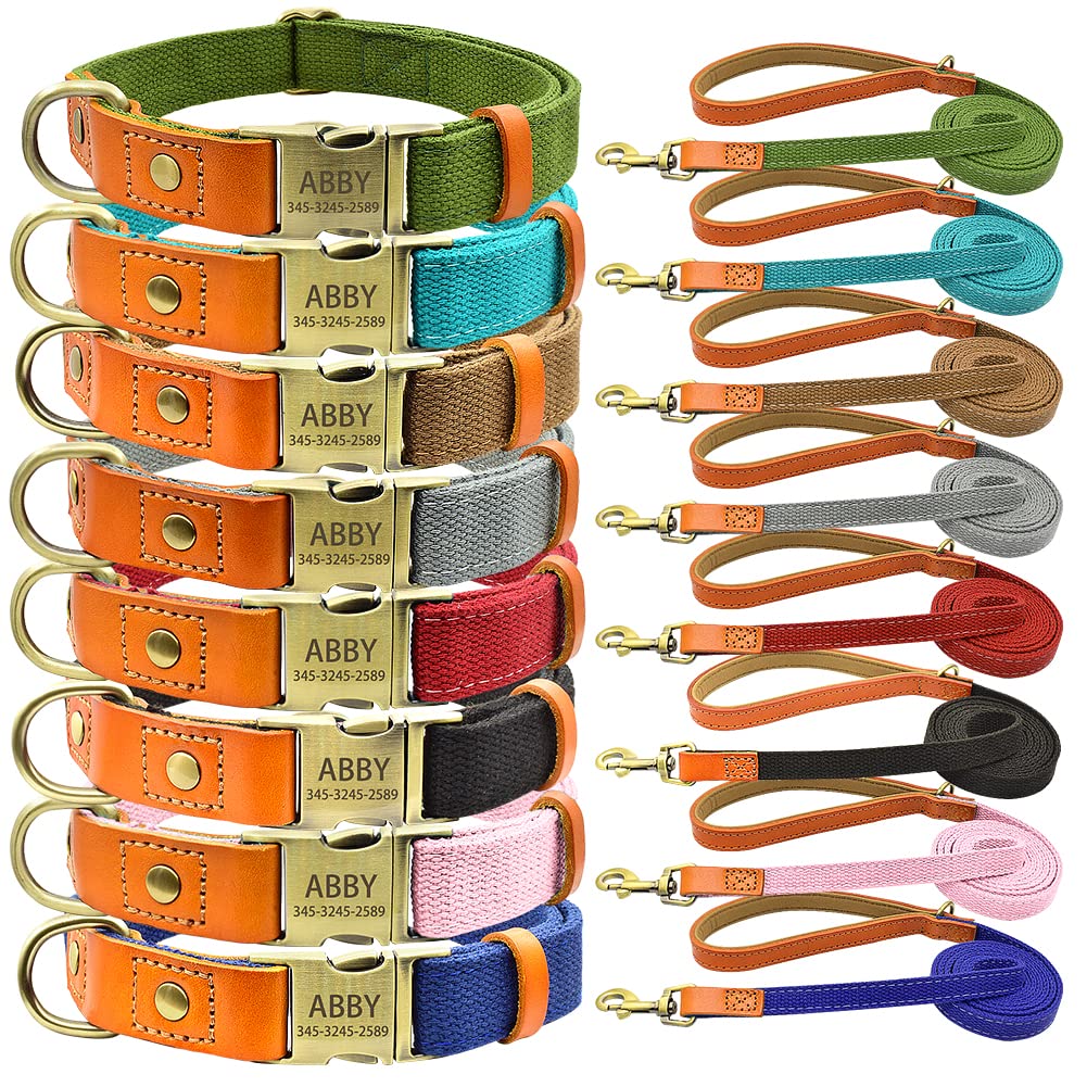 Custom Engraved Dog Collar for Small Medium Large Dogs - Personalized Nylon & Genuine Leather Pet Collar with Name Plate (Size S 3/5
