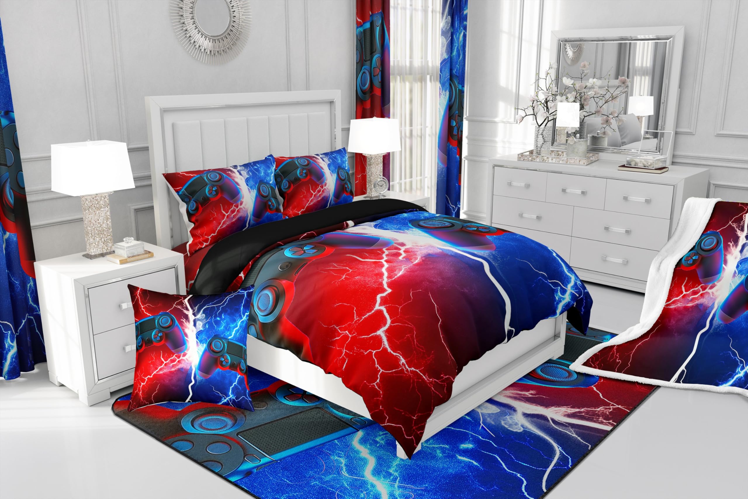 Erosebridal Queen Gaming Bedding Set for Boys - Red & Blue Gamer Comforter Set with Toddler & Kids Bedding - Perfect for Teen Bedrooms, Gaming Rooms & Sleepovers