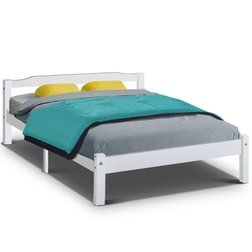 Gibson Solid Wood Double Bed Frame - Queen Size White Wooden Bed with Sturdy Slats & Easy Assembly - Perfect for Master Bedroom, Guest Room & Modern Home Decor