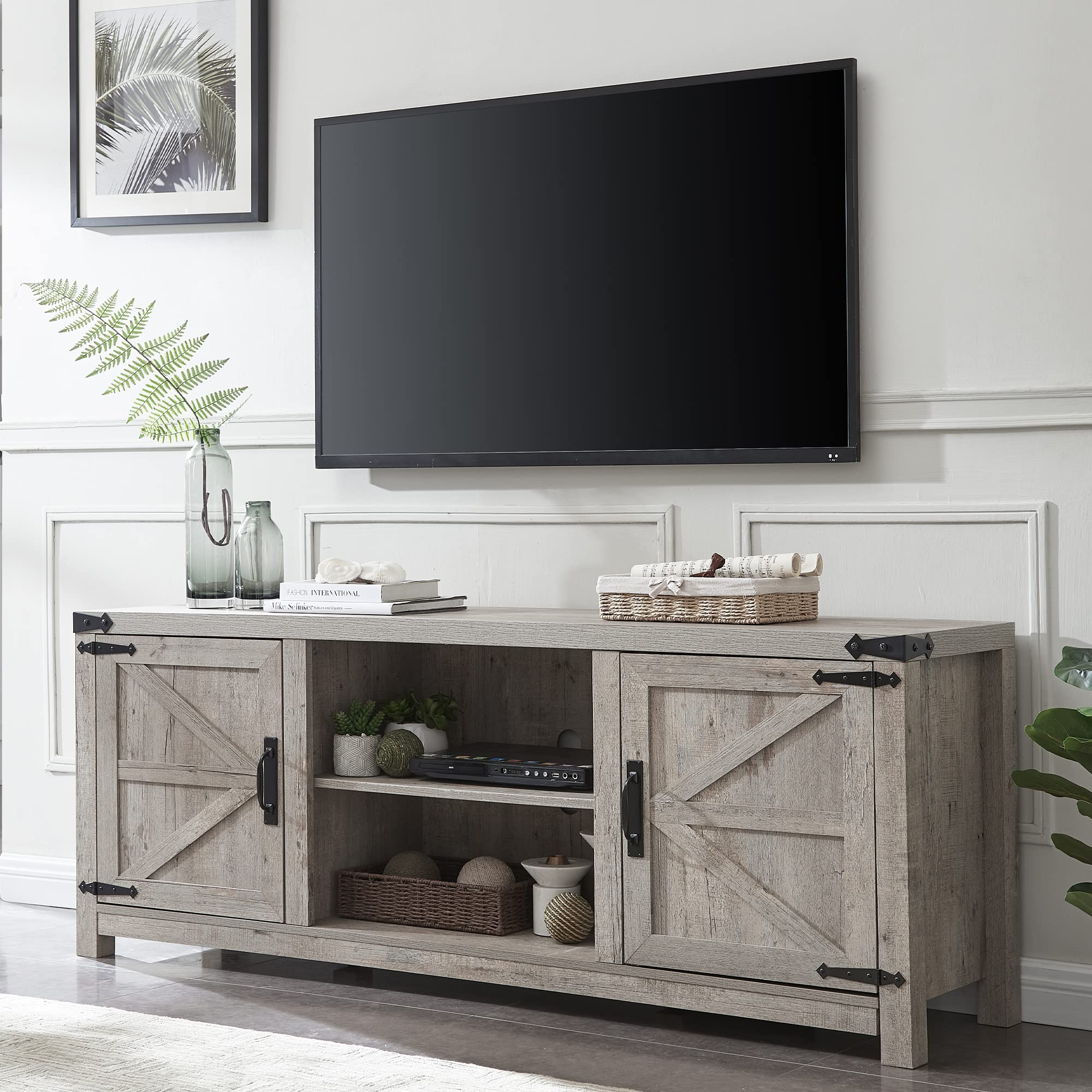 T4TREAM 75 Inch Farmhouse TV Stand with Barn Doors - Rustic Wood Media Console with Storage Cabinets, Modern Entertainment Center for Living Room (Grey Wash) | Perfect for Farmhouse Decor & Home Theater Setup