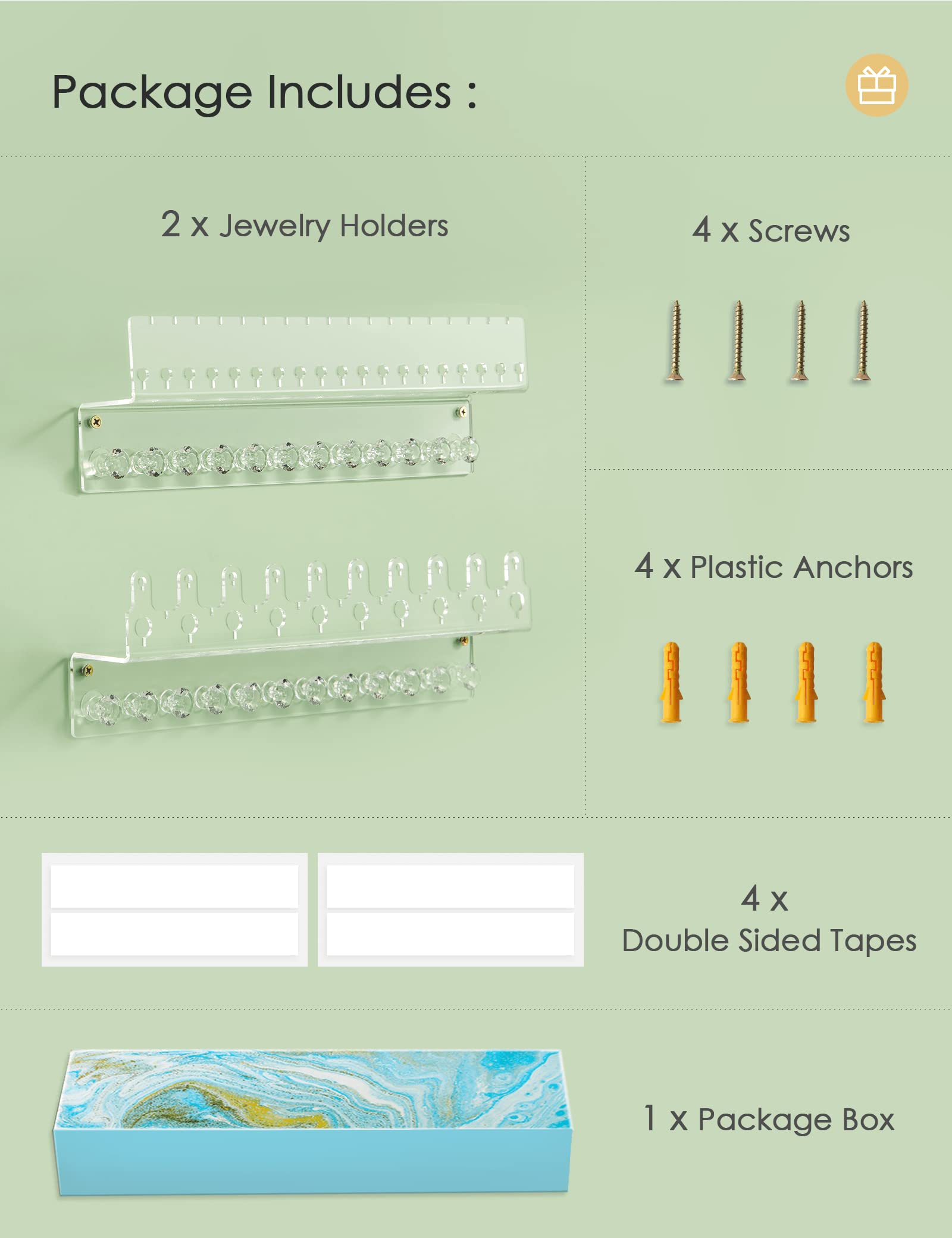 Acrylic Wall Mount Jewelry Organizer with Floating Shelf - Necklace, Earring & Ring Holder for Women & Girls (2 Pack) - Perfect for Bedroom, Closet & Bathroom Organization