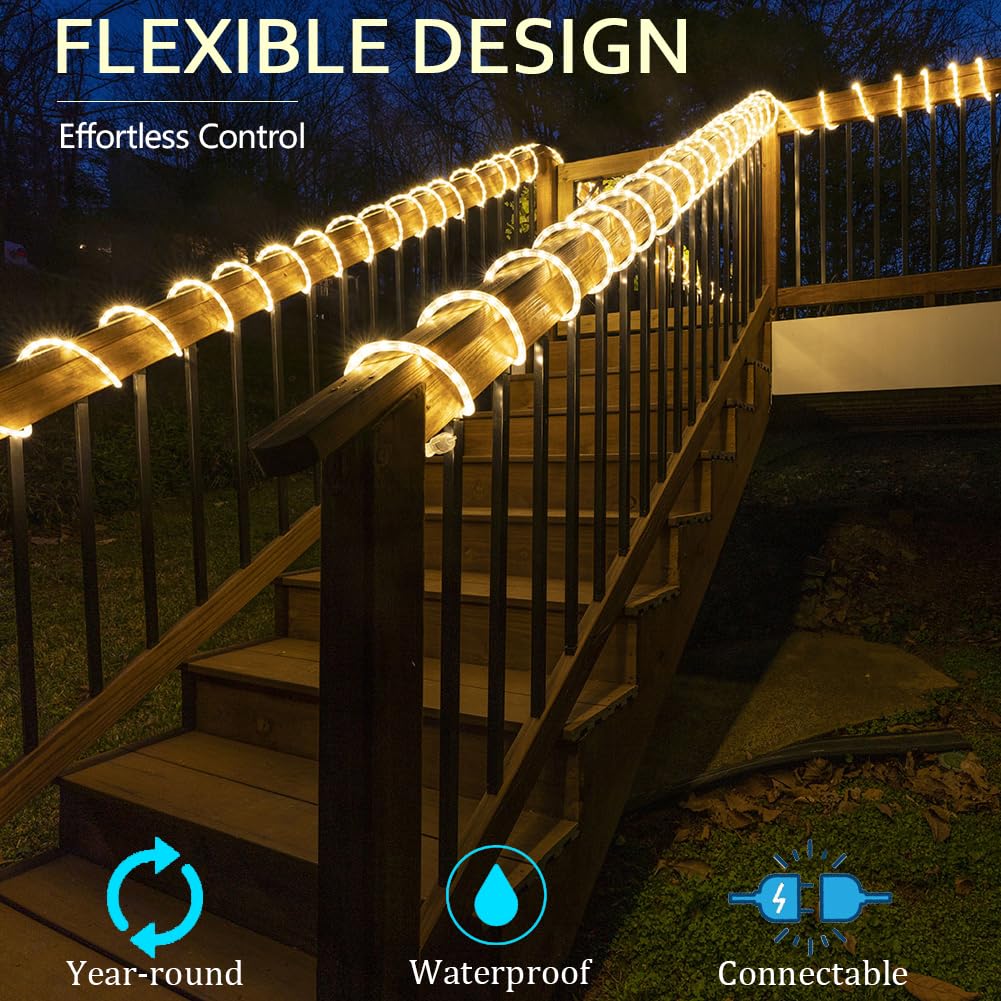 50FT Warm White LED Rope Lights - Waterproof Outdoor & Indoor Flexible String Lights with 450 LEDs, Connectable Plug-in Design for Bedroom, Garden, Patio, Deck, Christmas & Holiday Decorations - Perfect for Ambient Lighting and Party Decor