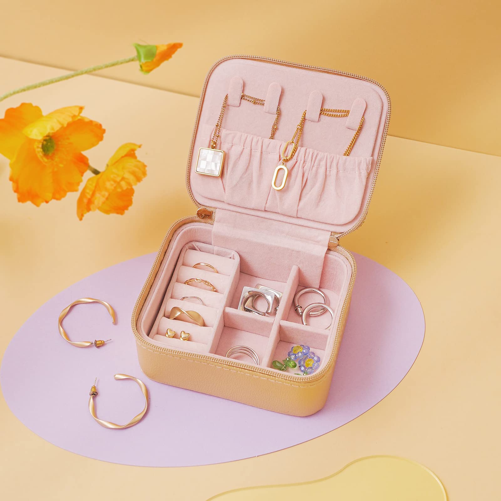 Portable Leather Jewelry Organizer Box for Women - Mini Travel Jewelry Case with Earring & Ring Storage - Perfect Gift for Travel, Home, Office (Gold)