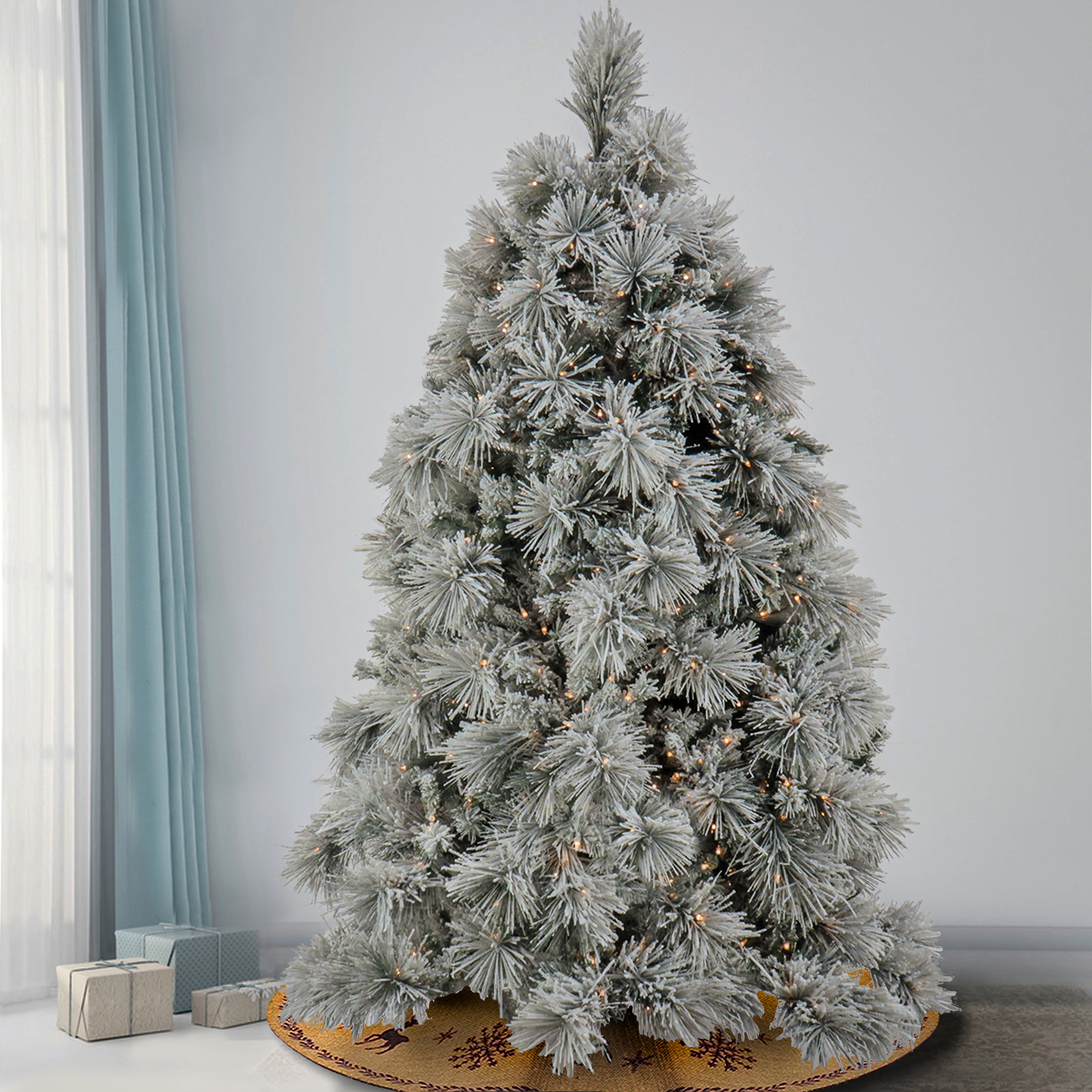 7.5 ft Pre-Lit Flocked Bavarian Pine Christmas Tree - Perfect for Living Room, Office & Holiday Decorations