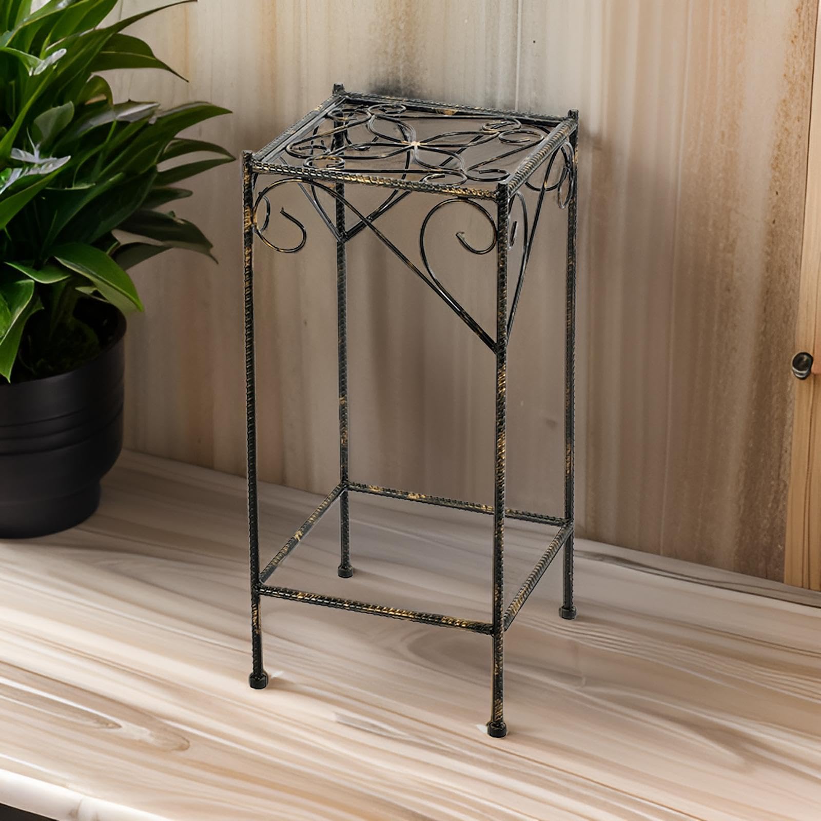 Benjara BM216725 Large Black Scrolled Metal Frame Plant Stand with Square Top - Perfect for Indoor/Outdoor Home Decor, Garden, Patio & Living Room