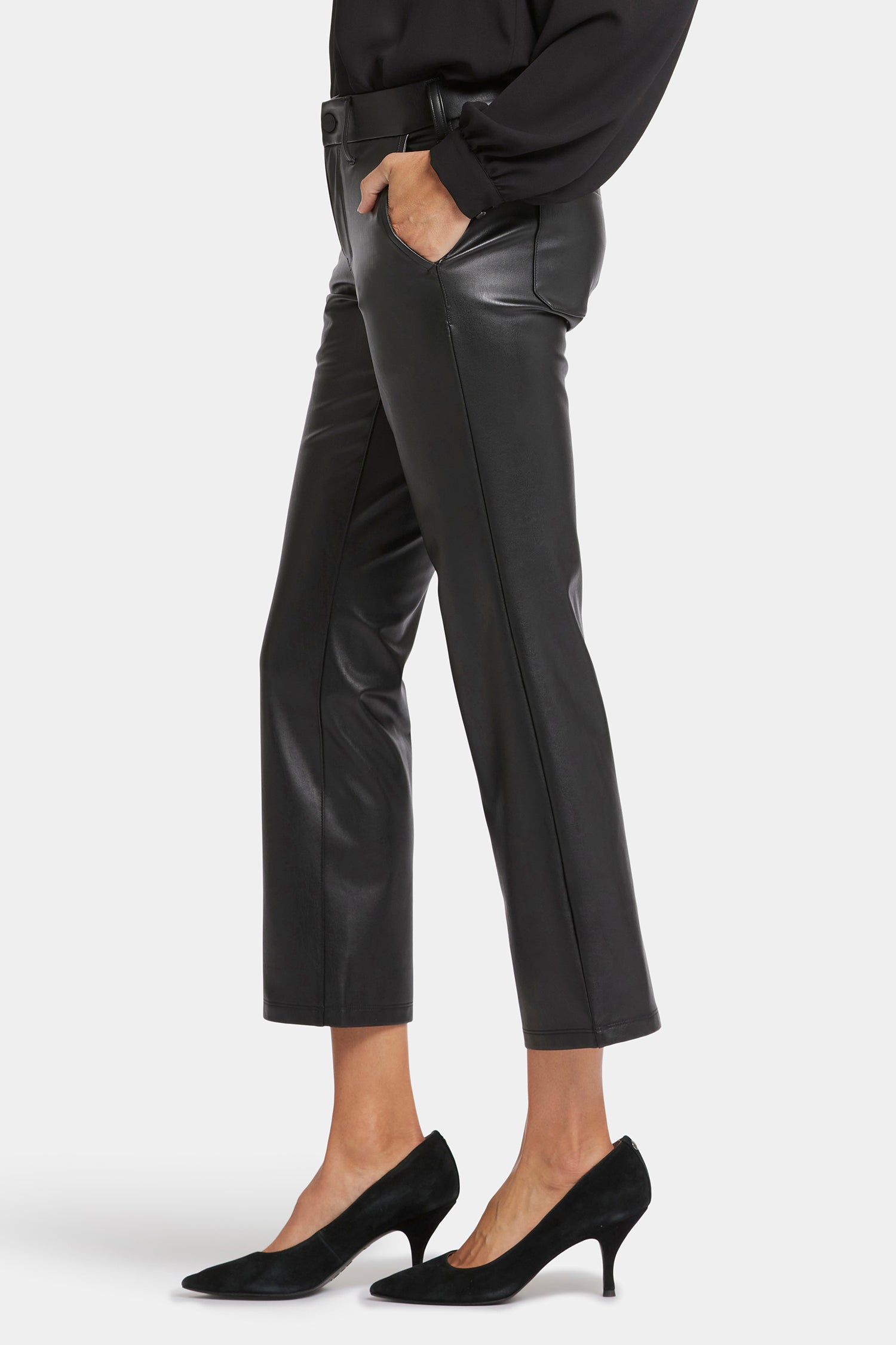 Faux Leather Straight Ankle Pants for Women - Stretch Comfort Fit High Waist Trousers (Black) | Office Wear, Night Out, Casual Chic Outfits