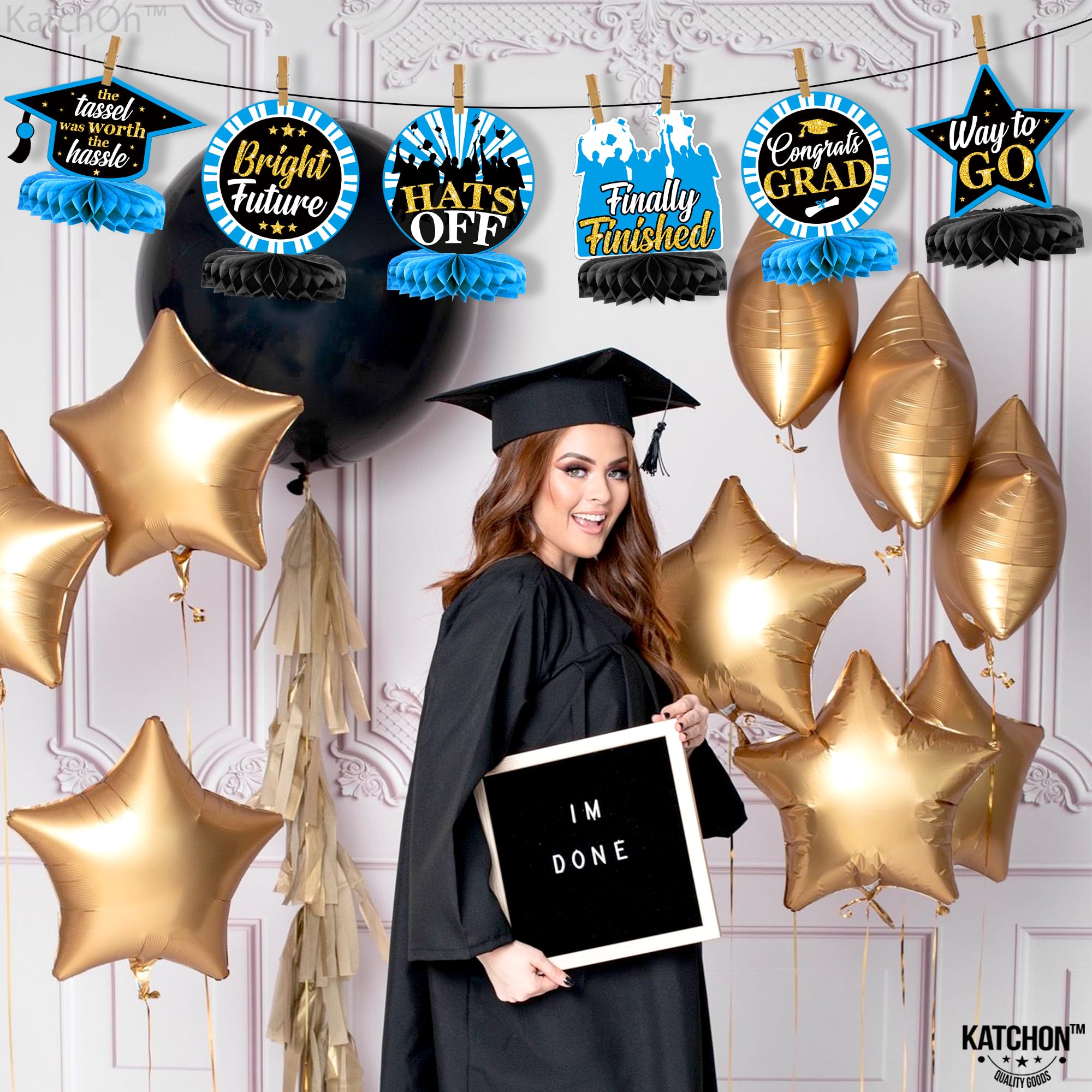 KatchOn 2025 Graduation Table Centerpieces - Pack of 9 Light Blue & Black Honeycomb Decor for Graduation Party, Class of 2025 Decorations | Perfect for Graduation Ceremony, Banquet, and Photo Backdrop Decor