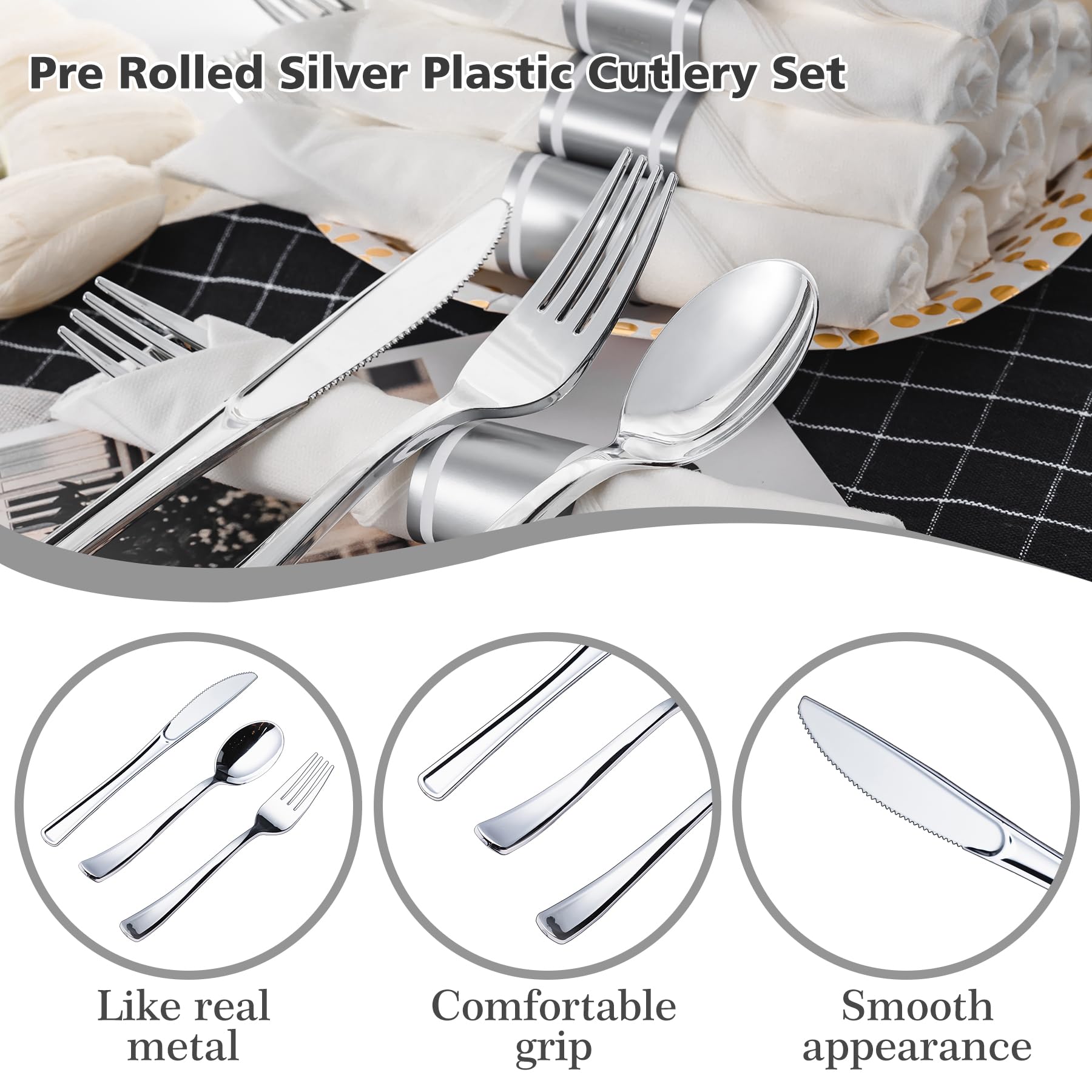 75-Piece Disposable Silver Plastic Cutlery Set - 25 Forks, 25 Knives, 25 Spoons with Napkins | Elegant Modern Flatware for Parties, Weddings, Catering & Events | Perfect for Home Dining, Picnics, Office Lunches & Special Occasions