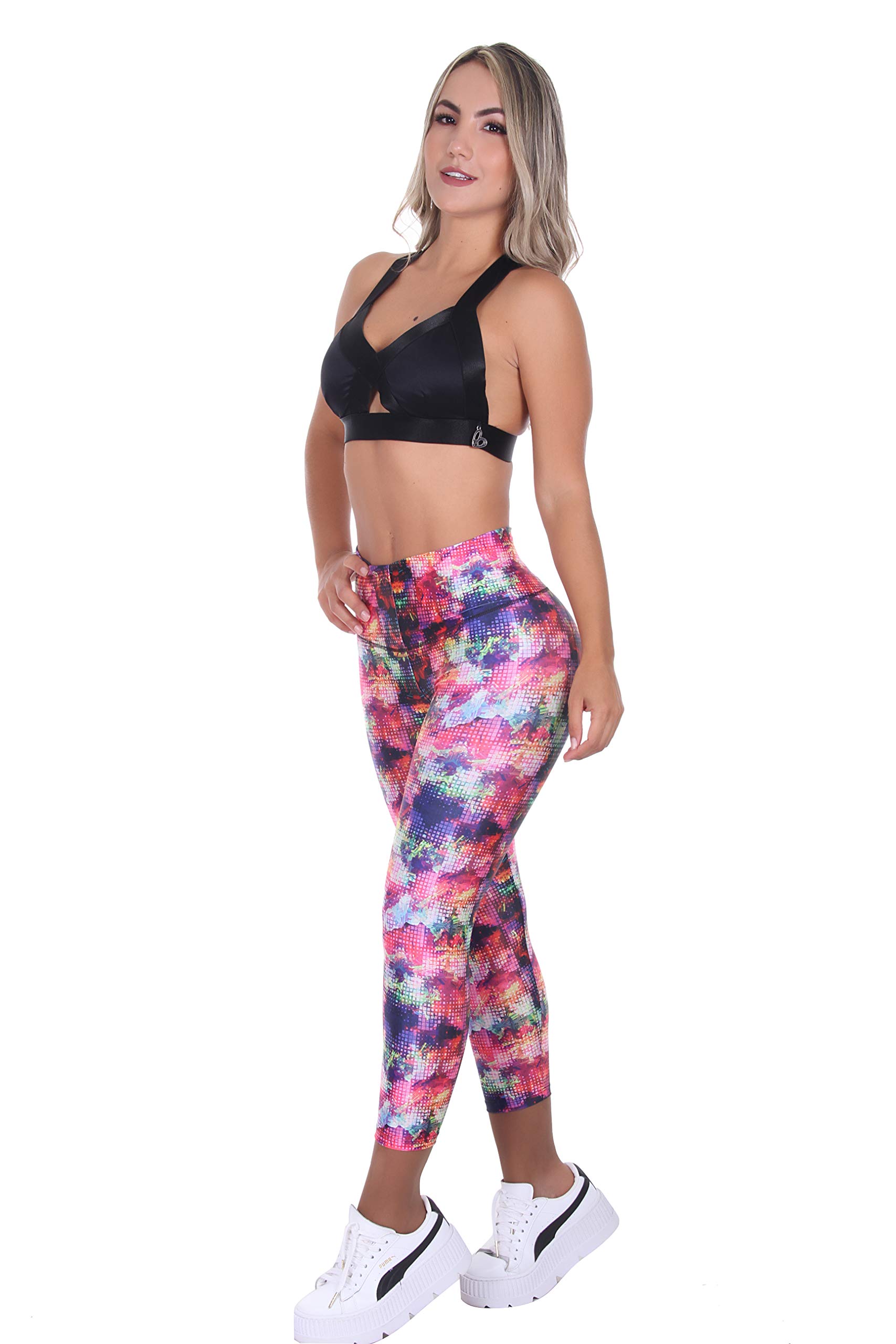Women's High Waisted Capri Leggings - Pink & Purple Floral Print with Built-in Body Shaper & Butt Lifting - Tummy Control Workout Yoga Pants for Gym, Running & Casual Wear