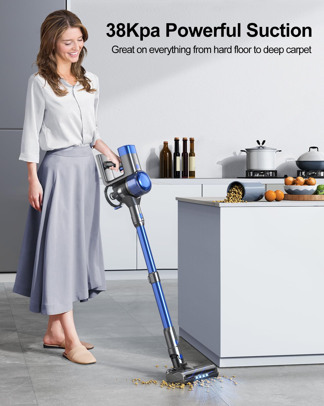 Powerful 38KPa Cordless Stick Vacuum Cleaner with Brushless Motor & Charging Dock - 450W Strong Suction for Pet Hair, Carpets & Hard Floors - Auto Suction Adjustment - Blue Home Cleaning Vacuum - Perfect for Quick Cleanups & Deep Cleaning Sessions
