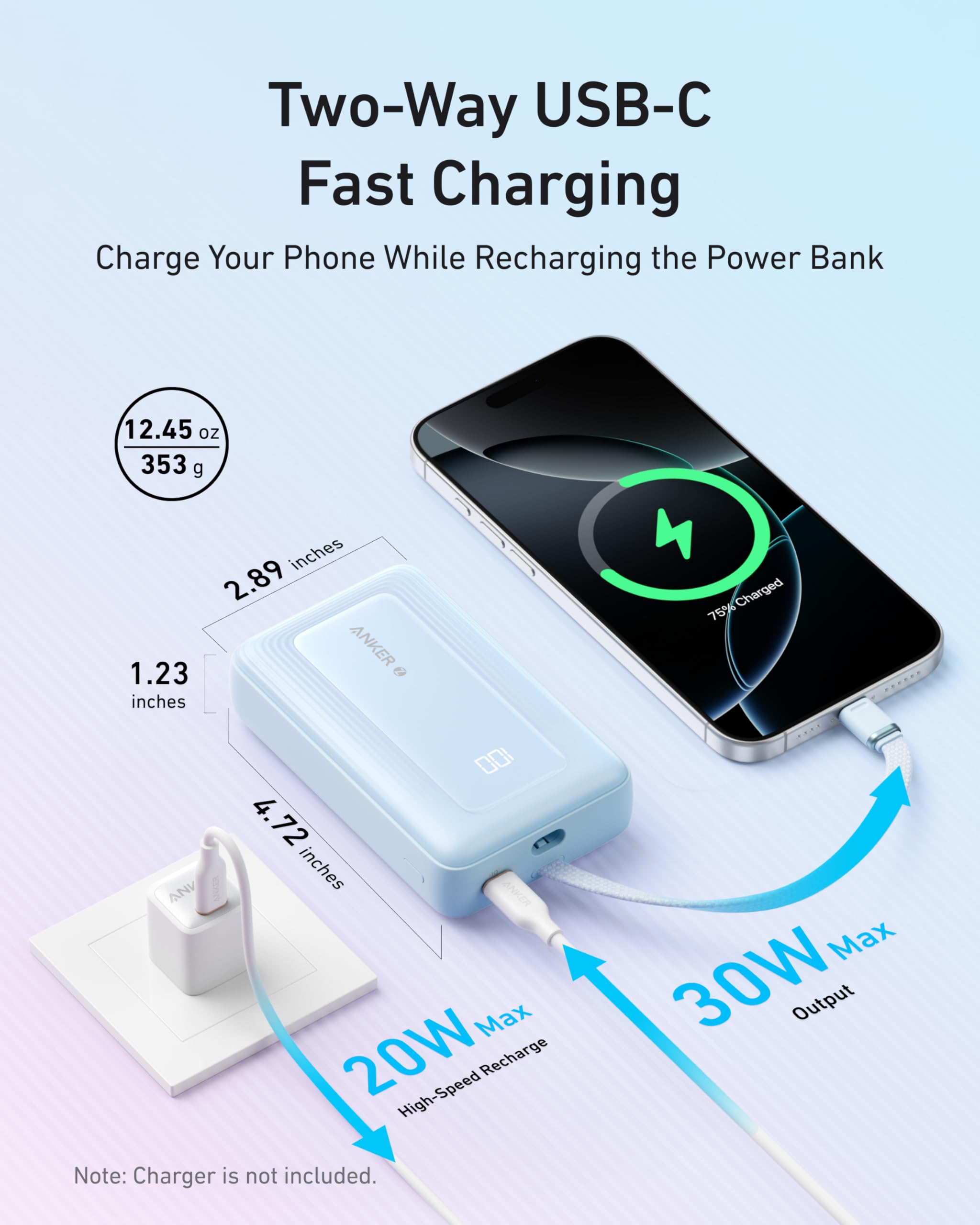 Anker Zolo 20,000mAh 30W Fast Charging Power Bank with Built-in USB-C Cable - Portable Charger for iPhone 16/16 Plus/16 Pro/16 Pro Max/15 Series, Samsung Galaxy, iPad, AirPods - Perfect for Travel, Camping & Emergency Backup Power