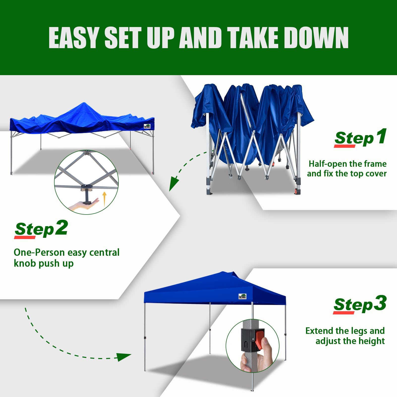Eurmax USA 10x10ft Pop Up Canopy Tent - One-Person Easy Open & Close Portable Shelter for Outdoor Events, Instant Sun Shade with Bonus 4 Sand Bags (Blue) - Perfect for Beach, Camping, Picnics, Farmers Markets and Backyard Parties