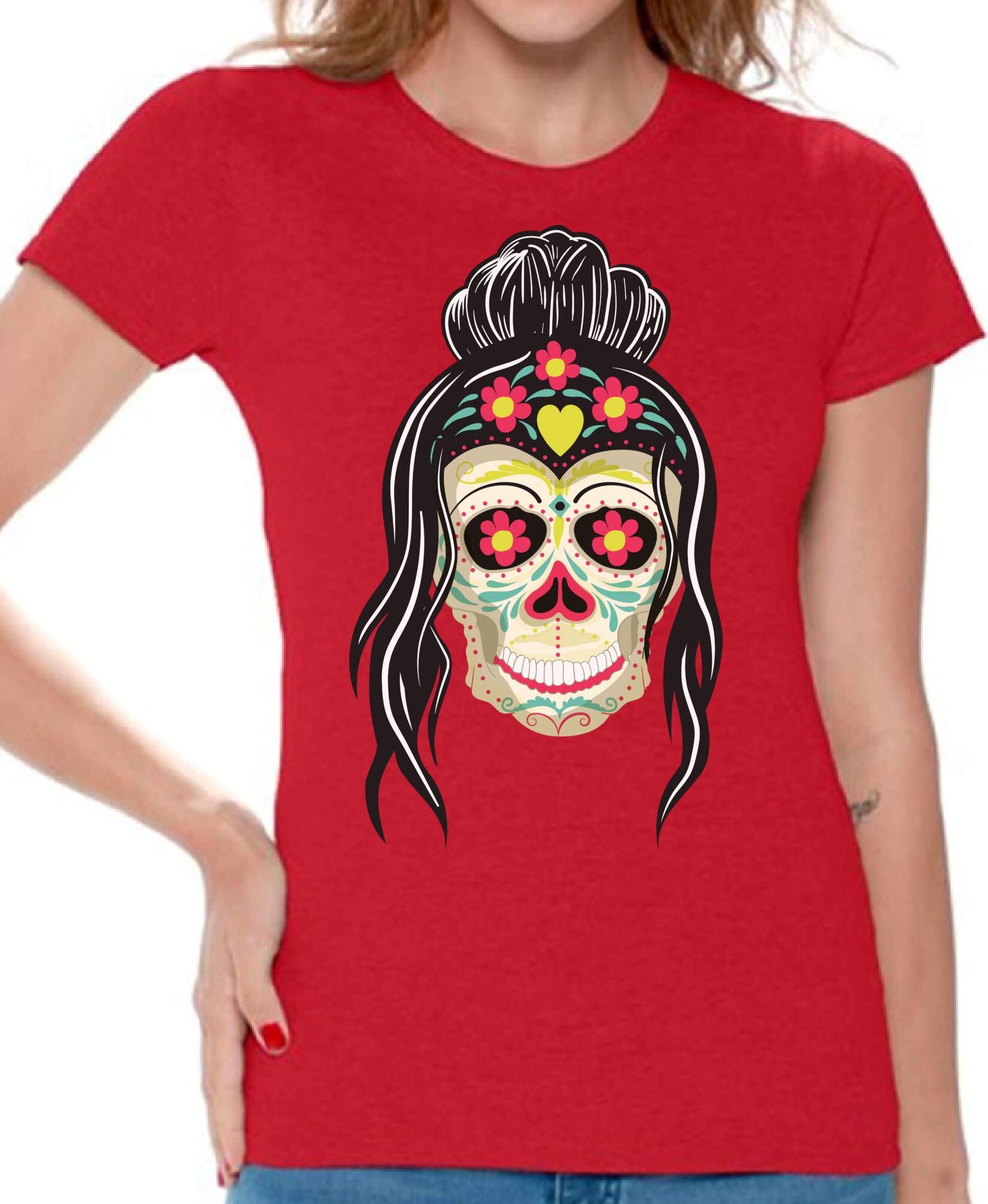Skull Print T-Shirt for Women | Mexican Sugar Skull Graphic Tee | Casual Wear, Halloween Costume, Day of the Dead Outfit