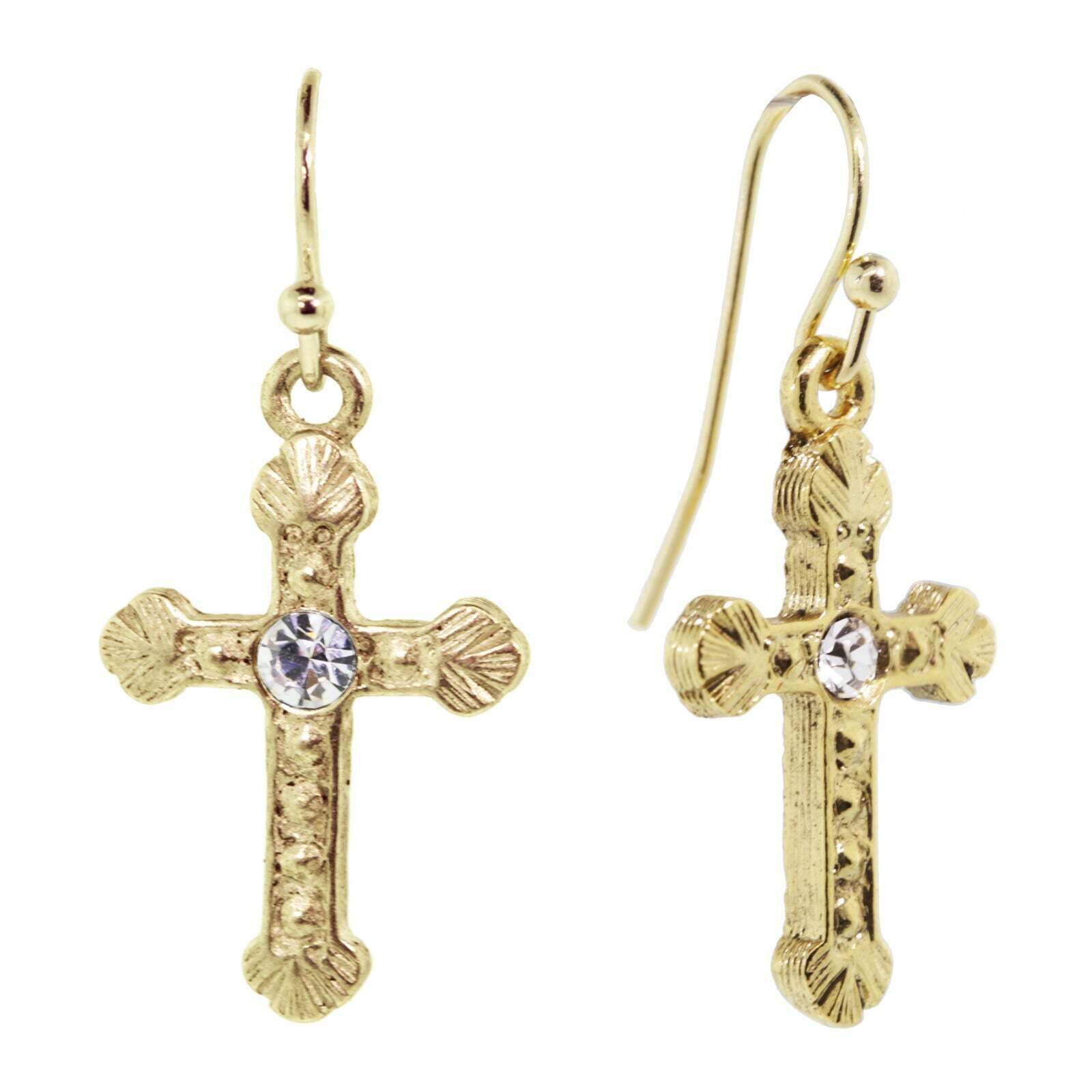 1928 Vintage Crystal Gold Tone Cross Drop Earrings for Women - Elegant Dangle Jewelry for Church, Weddings & Special Occasions