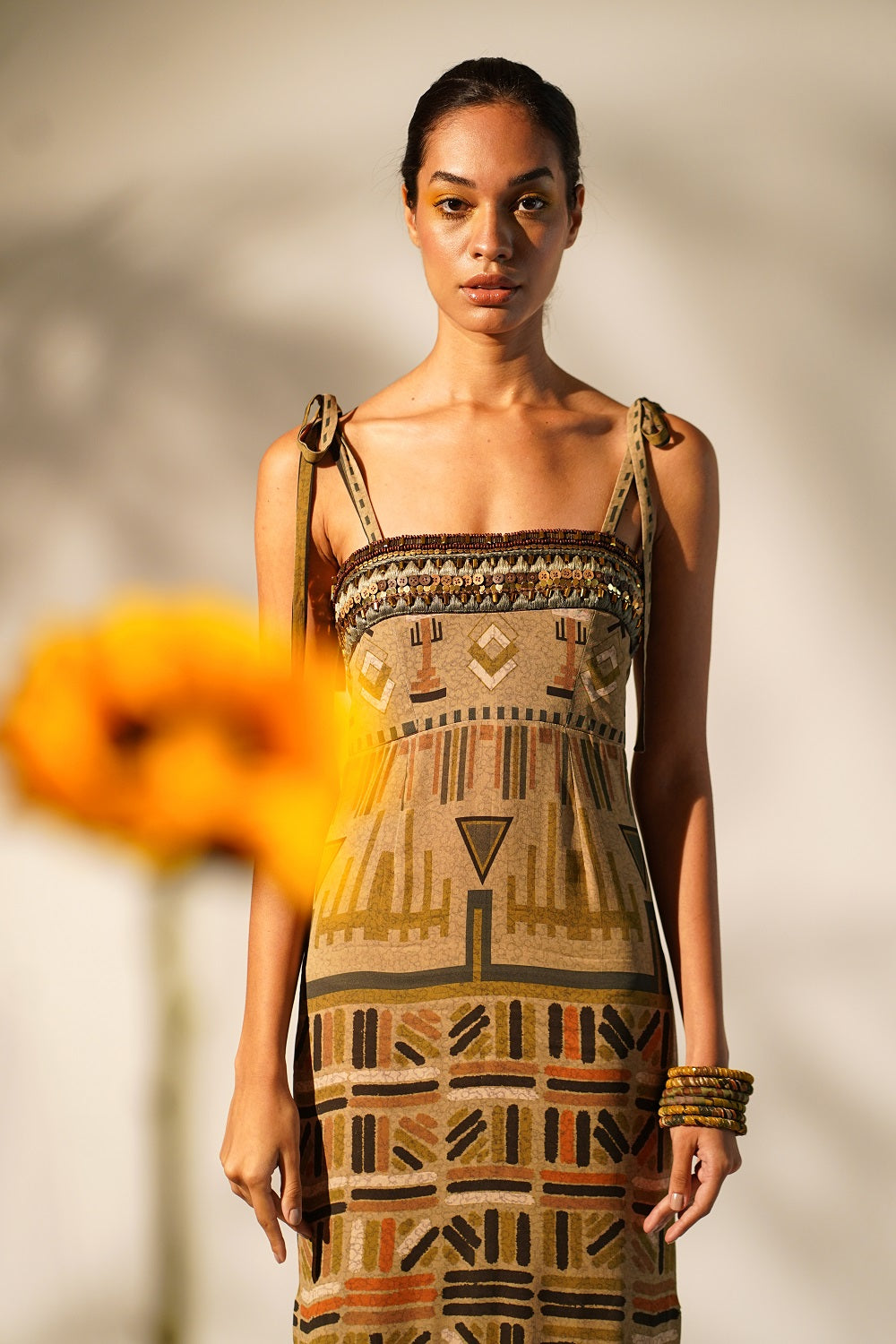 Stylish Green Aztec Print Tube Dress with Hand-Threaded Details & Wooden Embellishments | Perfect for Boho Festivals, Beach Vacations & Summer Parties