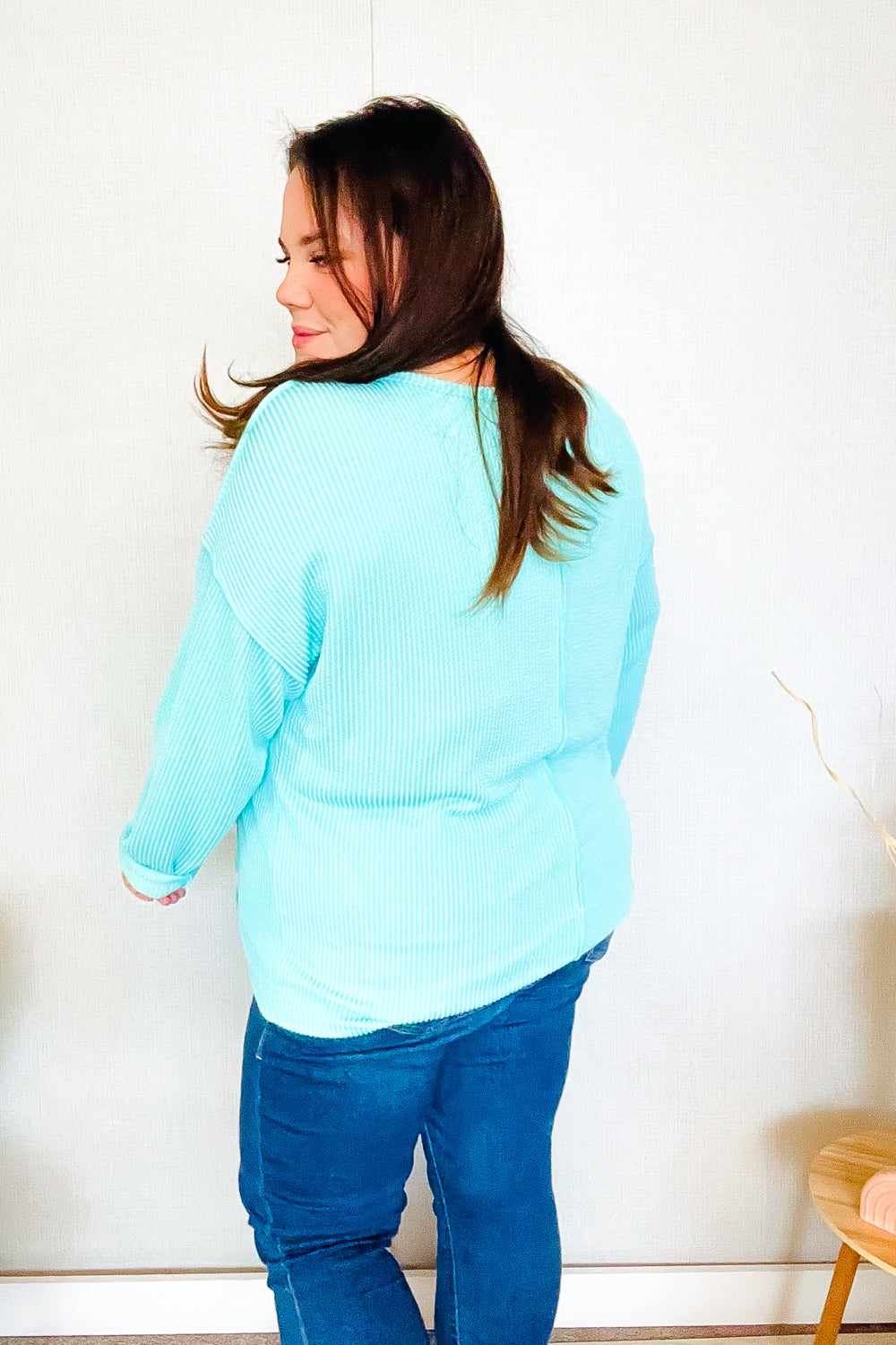 Eyes On You Seafoam Green Mineral Wash Ribbed Notch Neck Pocket T-Shirt | Casual Women's Top for Summer Outfits & Beach Wear