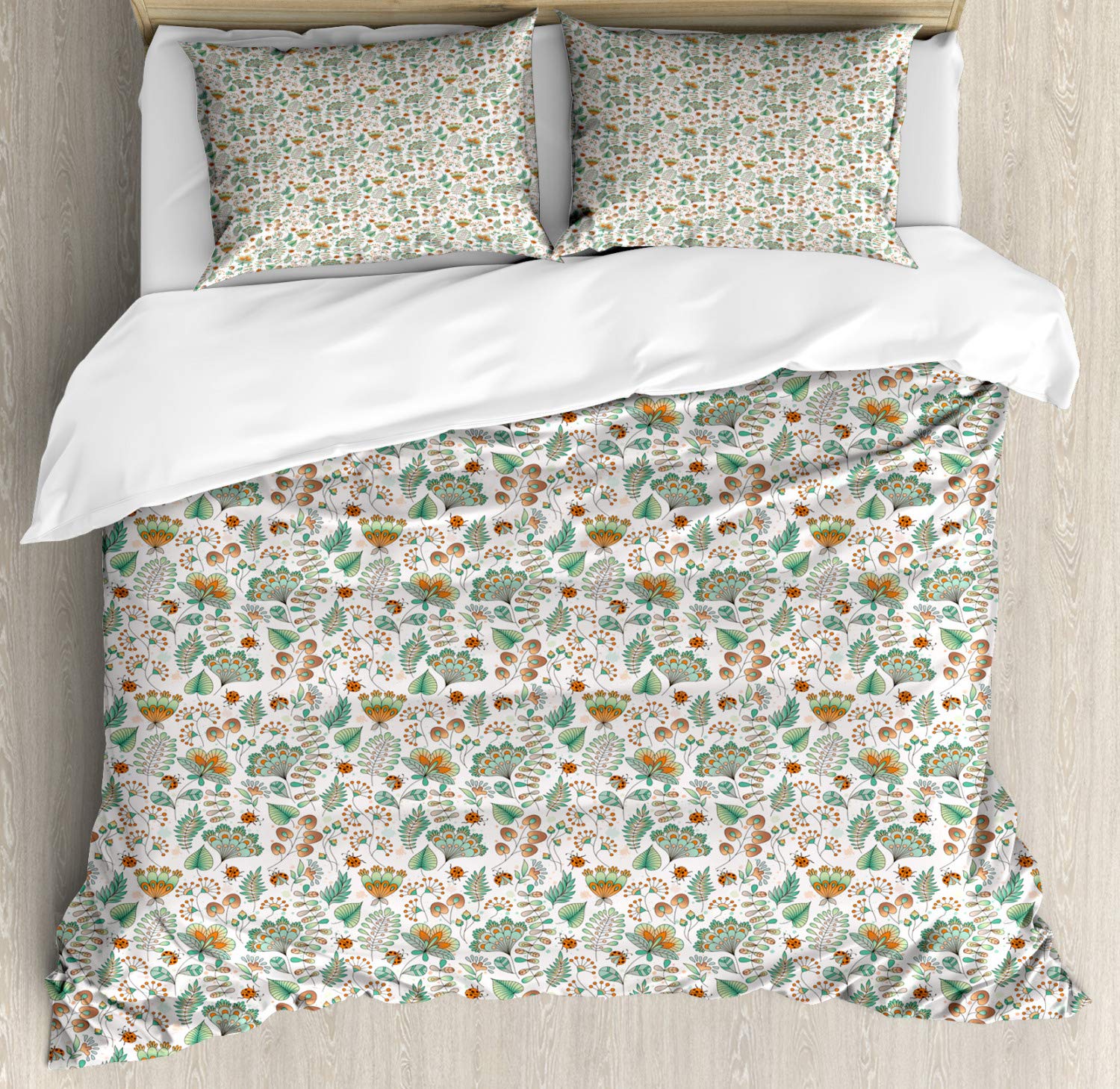 Ambesonne Floral Duvet Cover Set - King Size 2-Pack with 2 Duvet Covers & 4 Pillowcases | Ladybug & Botanical Leaf Design with Geometric Patterns in Seafoam Orange White | Soft Bedding for Master Bedroom, Guest Room & Cozy Home Decor