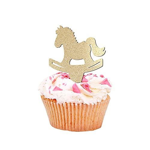 Horse Toy Baby Shower Cupcake Toppers - Silver & Gold Glitter Baby Shower Decorations for Boy or Girl - Perfect for Baby Shower Parties, Gender Reveals & Nursery Decor