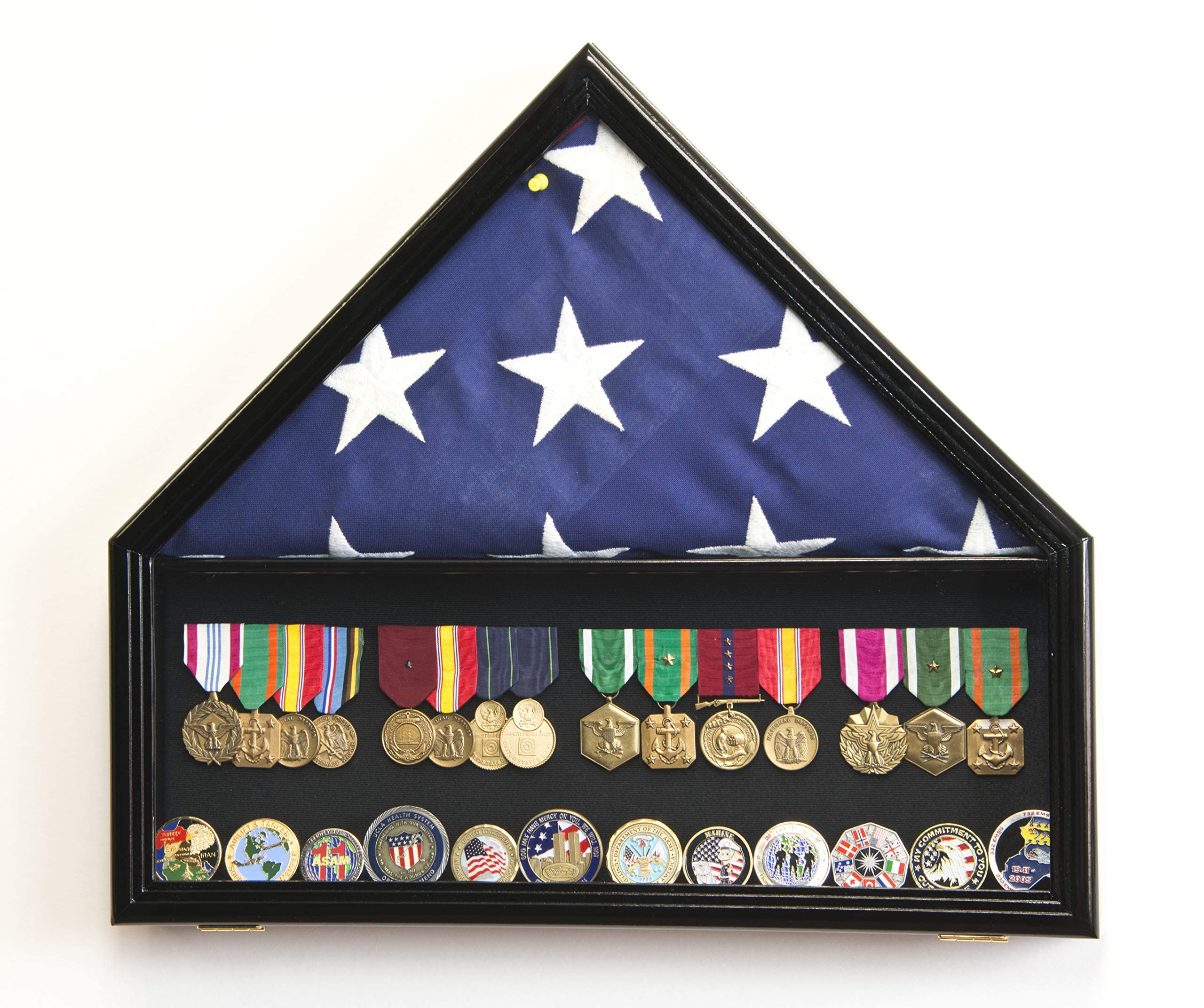 Military Display Case Cabinet Rack - Flag, Medals, Pins, Patches & Challenge Coin Organizer (Black Finish) - Perfect for Home, Office & Military Memorabilia Collection
