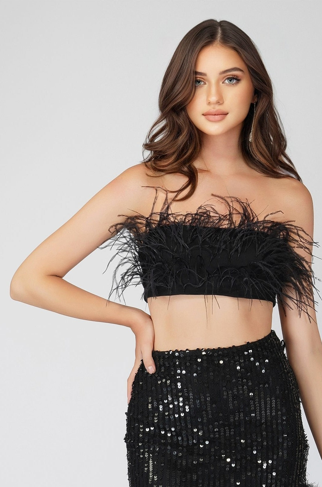 Xara Black Feather Top for Women - Elegant Sequin Embellished Blouse for Party, Evening & Special Occasions