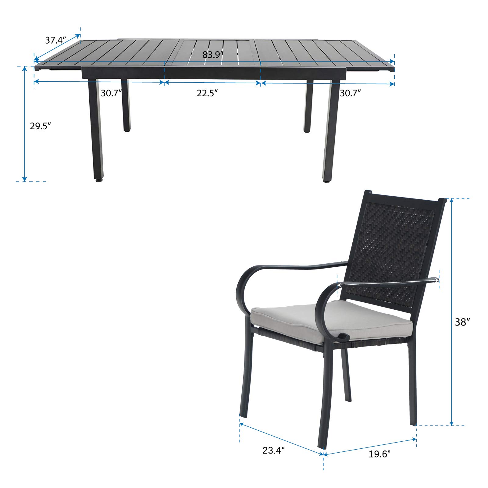 MFSTUDIO 7-Piece Black Outdoor Patio Dining Set - Expandable Rectangle Metal Table & 6 PE Rattan Chairs with Removable Cushions - Perfect for Backyard, Garden, and Poolside Entertaining