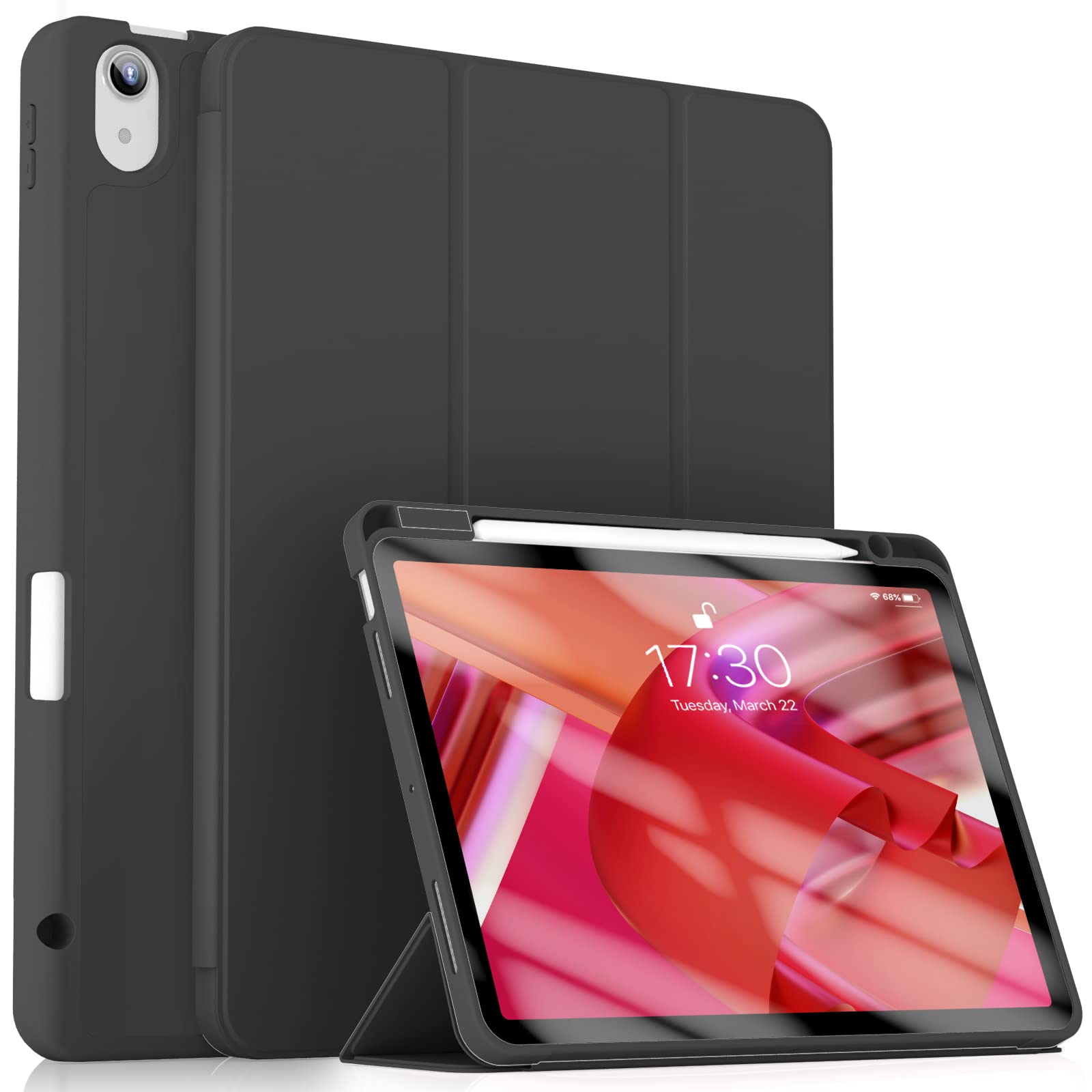 Premium Trifold Stand Case for iPad Air 5th/4th Gen (10.9 Inch 2022/2020) - Auto Wake/Sleep & Pencil Holder, Soft TPU Back Cover (Black) - Perfect for Work, Study & Travel Protection